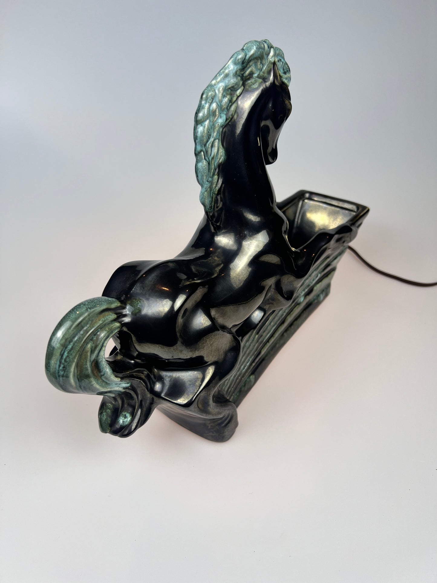 Vintage 1950s Underwriter Laboratories Ceramic TV Lamp Planter | Black & Teal | Mustang Horse