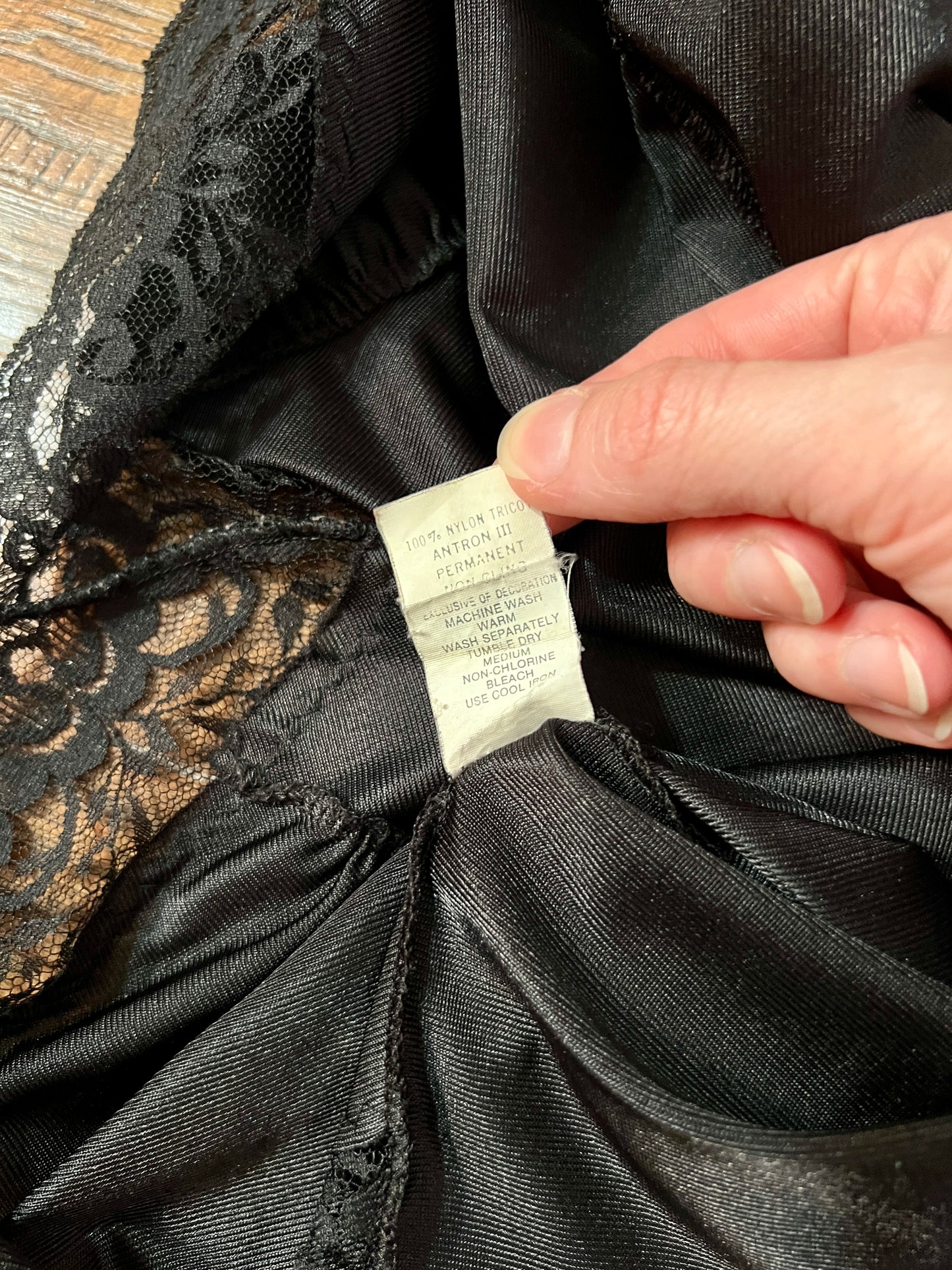Vintage Nylon Spaghetti Strap Slip Dress - Black Lace Trim Nightgown