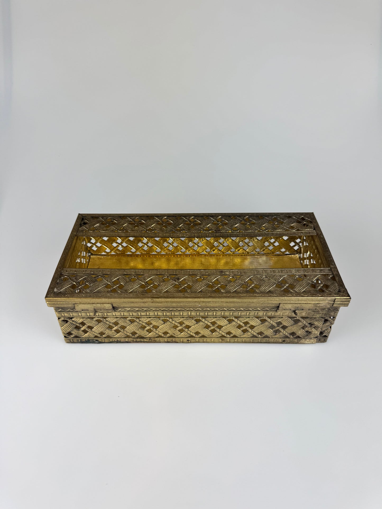 Vintage Brass Decor - Rectangular Tissue Box - Basket Weave - Velvet Bottom