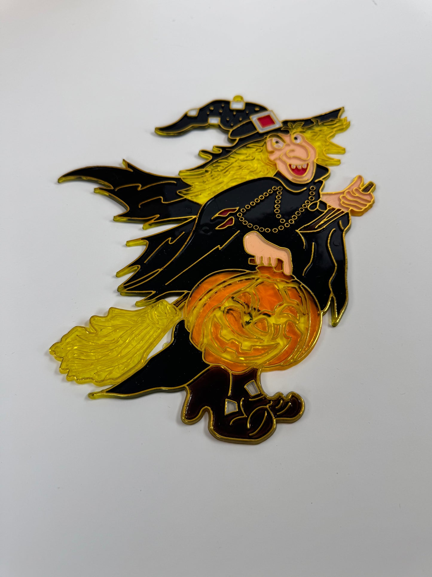 Vintage Halloween Decoration - Plastic Window Suncatcher - Witch and Jack-o-Lantern