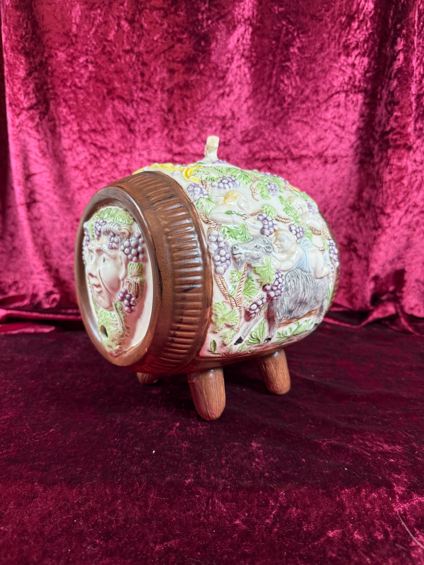 Vintage Pottery - Mid Century Wine Barrel Keg Decanter - Putti, Bacchus, Goat Relief