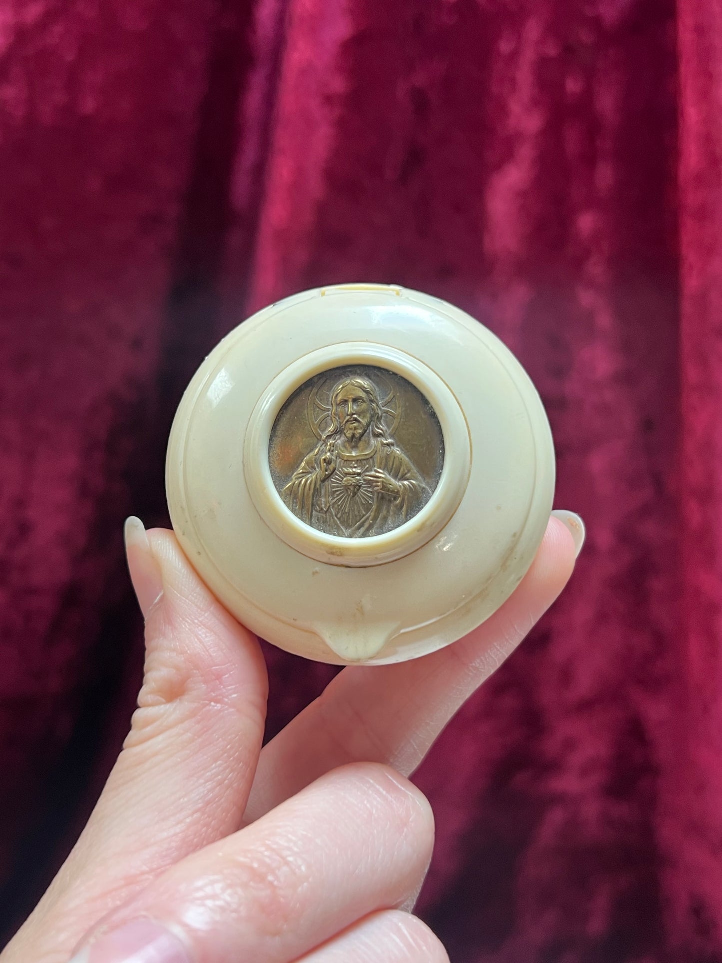 Vintage Trinket Box - Rosary Box - Brass Sacred Heart of Jesus - Hinged Lid