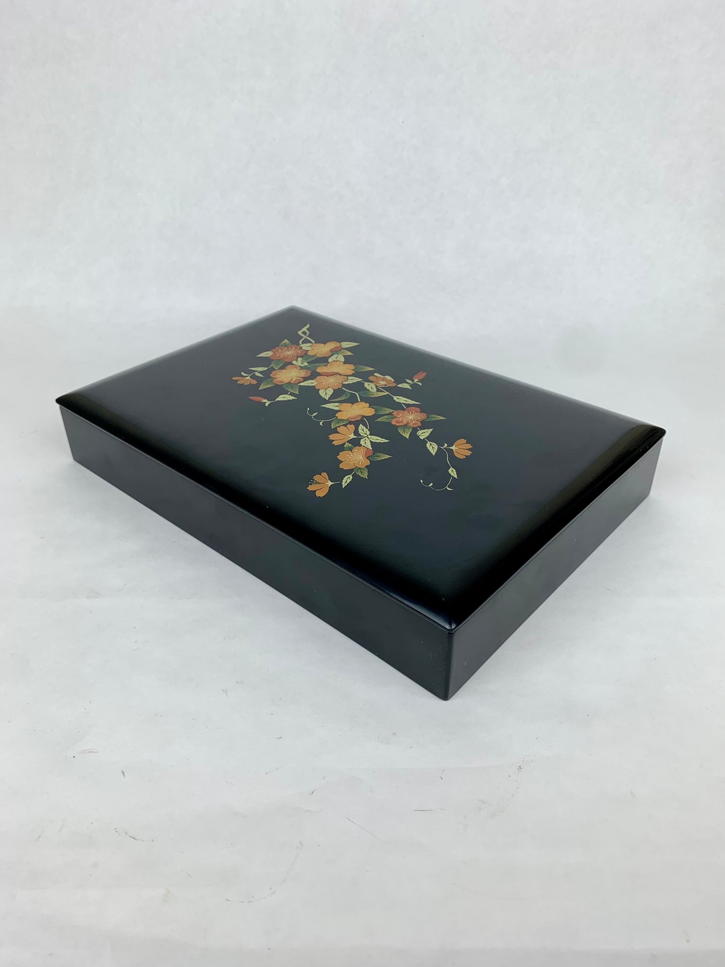 Vintage Black Lacquerware Trinket Box - Orange Floral Branch