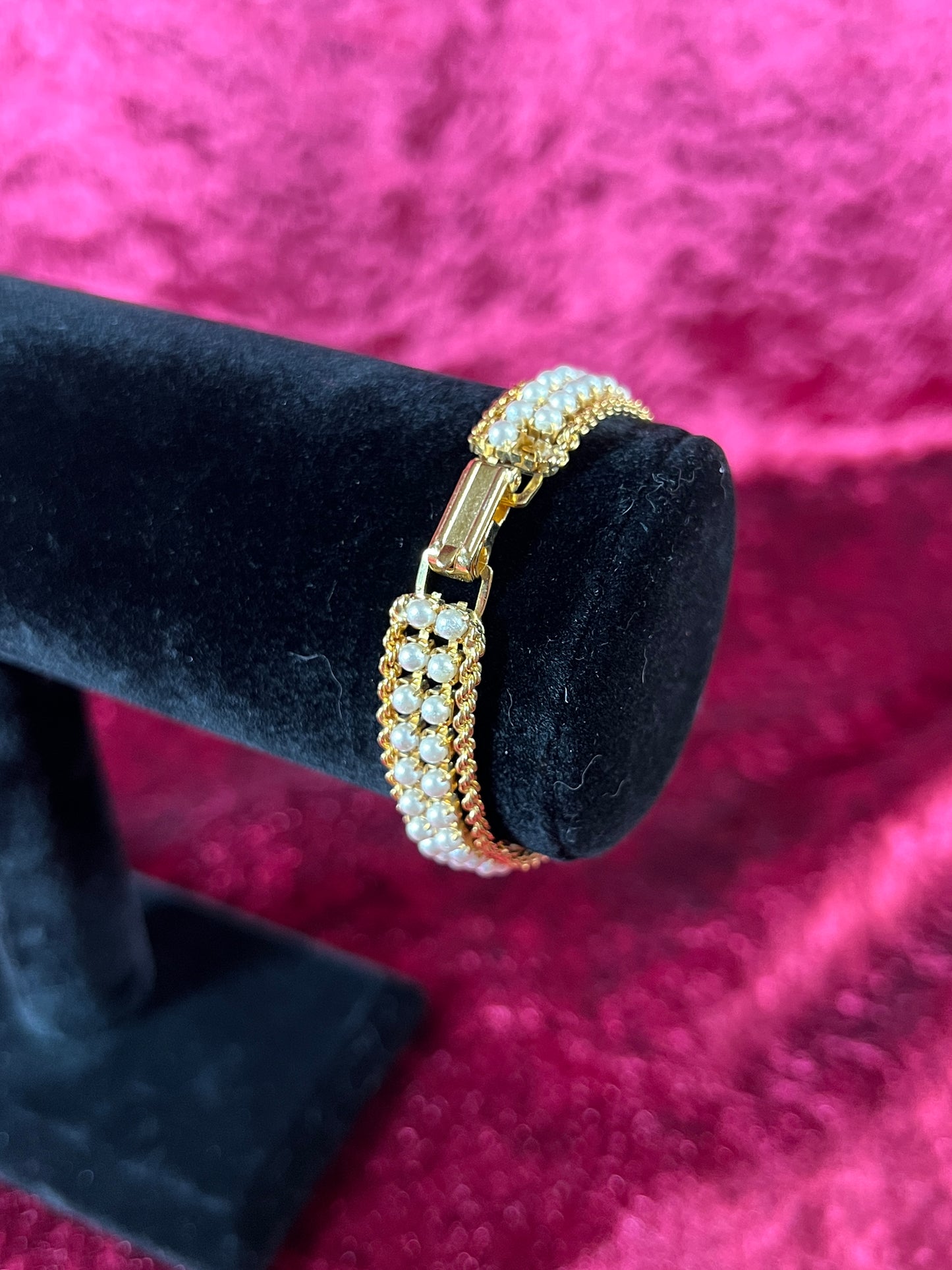 Vintage Jewelry - Multi-Strand Bracelet - Gold Tone - Dainty Faux Pearls - 7"