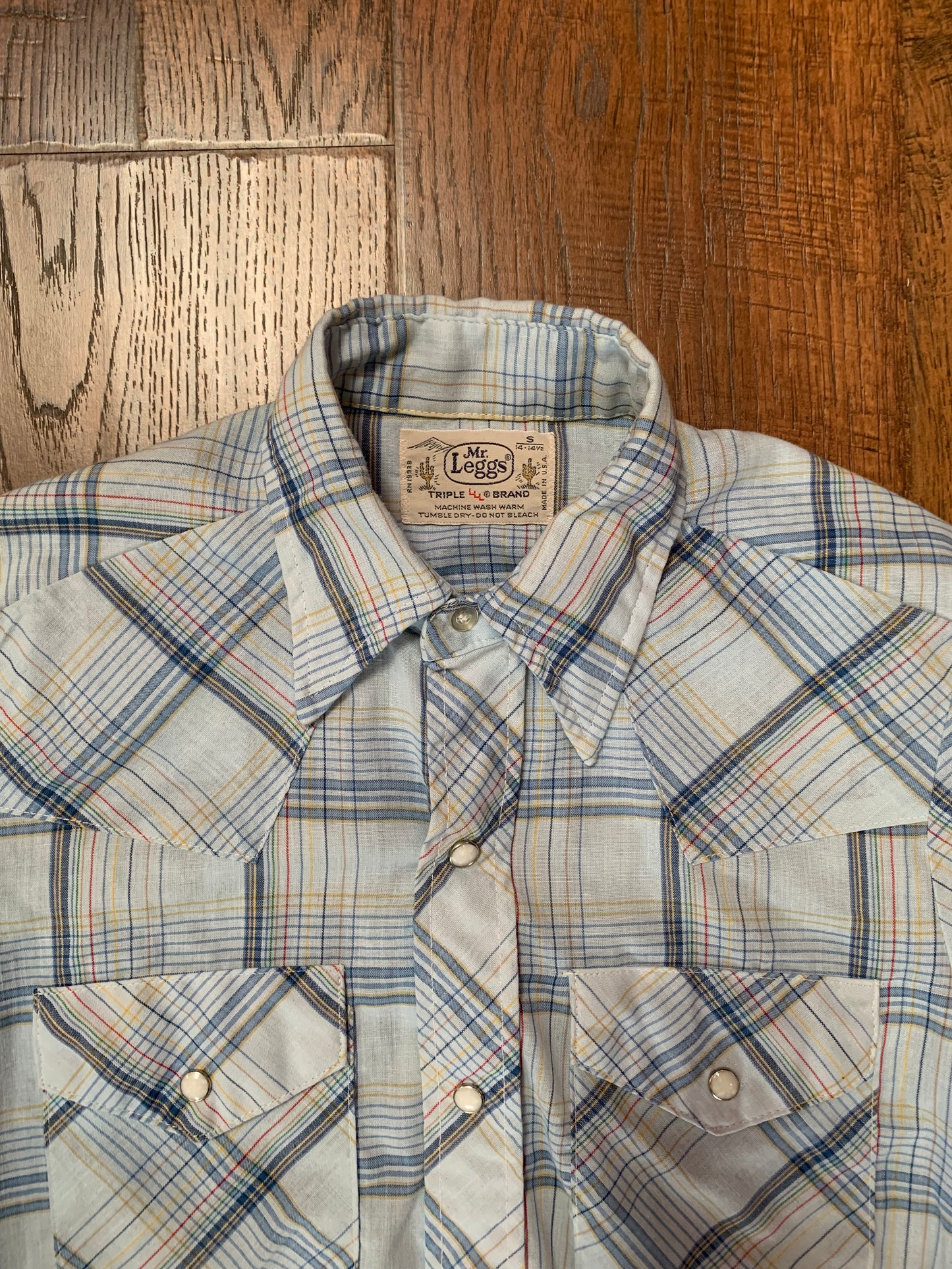 Vintage 1970s Mr. Leggs Pearl Snap Button Up Shirt - Light Blue Plaid - Small - Made In USA