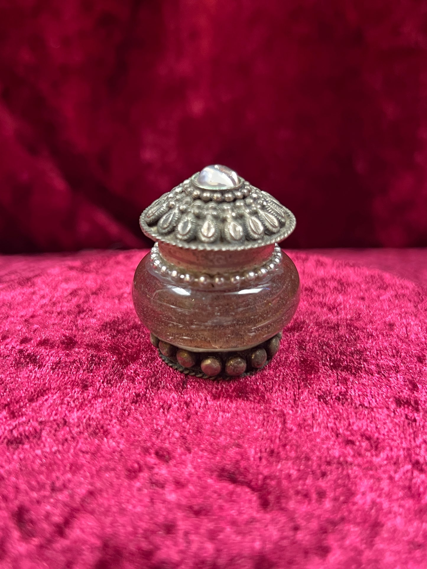 Vintage Trinket Box - Miniature Pill / Snuff Jar - Smokey Purple Glass - Ornate Silver Tone Design