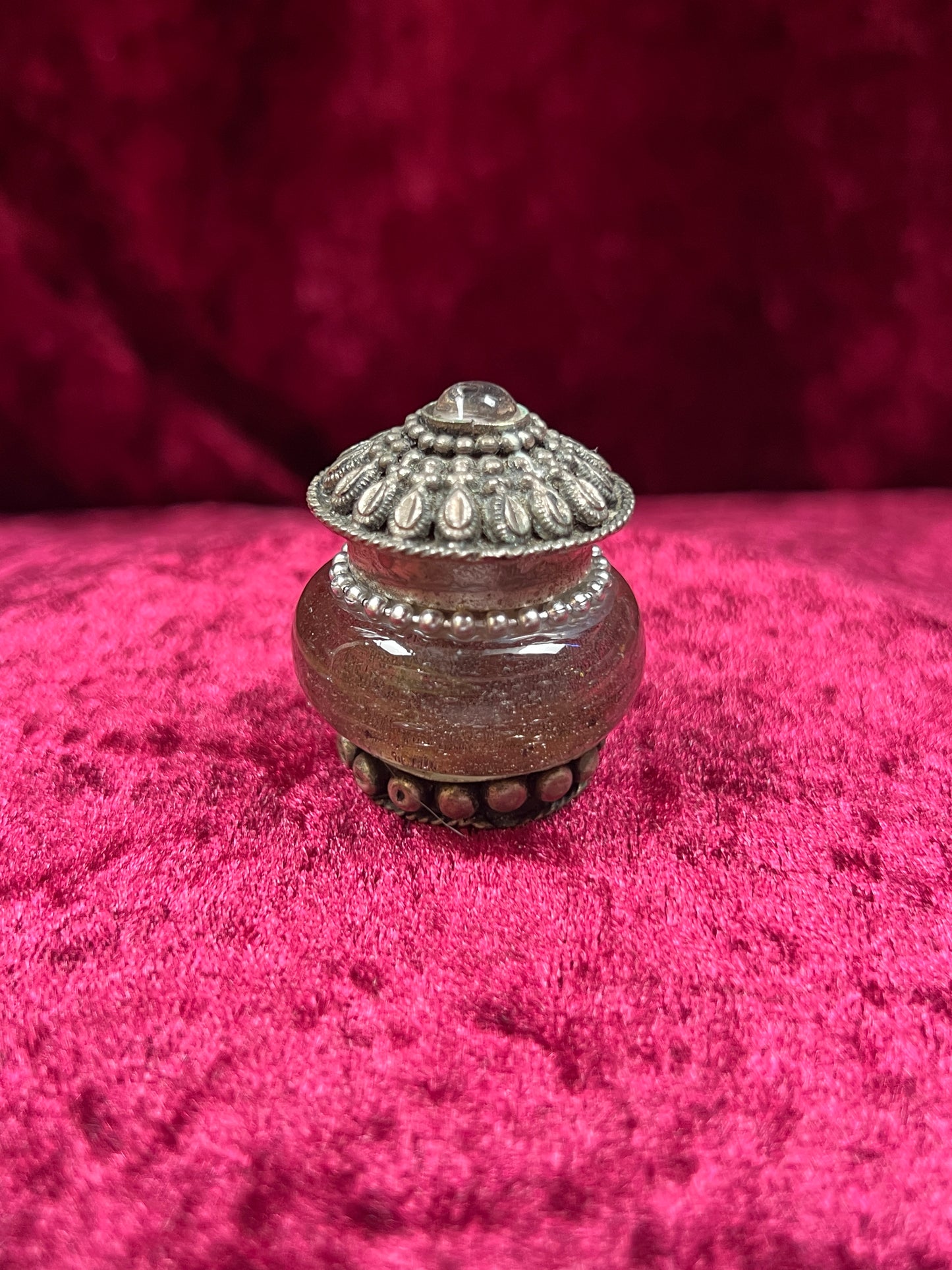 Vintage Trinket Box - Miniature Pill / Snuff Jar - Smokey Purple Glass - Ornate Silver Tone Design