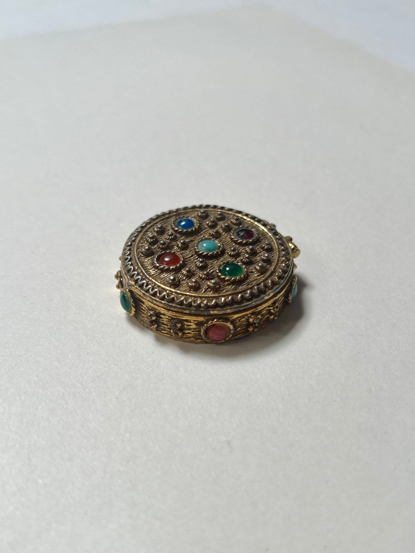 Vintage Trinket Box - Brass Pill Box - Round - Multicolor Gem Stones
