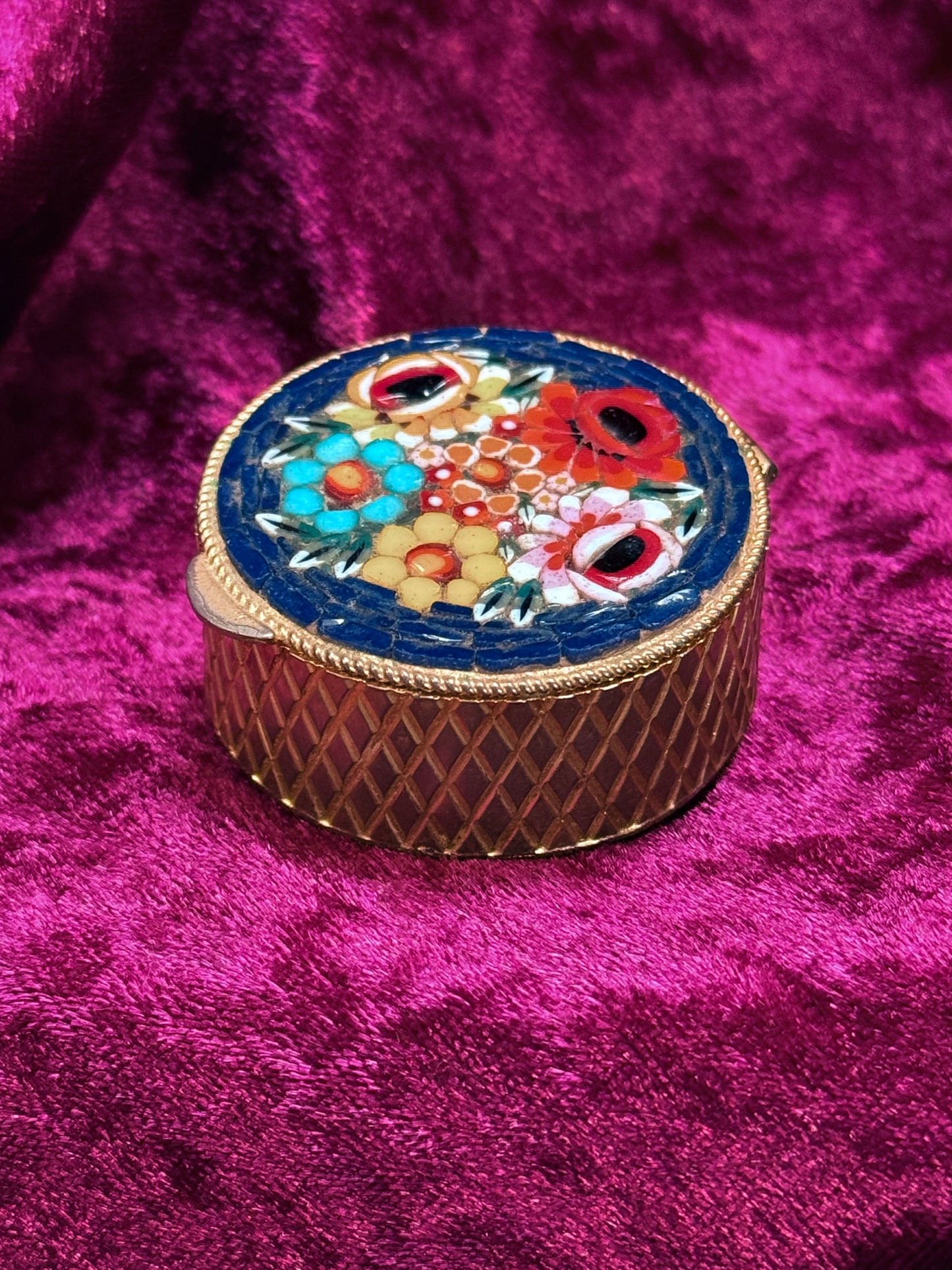 Vintage Trinket Box - Round Pill / Snuff Box - Italian Micro Mosaic - Dark Blue Floral - Basket Weave Design