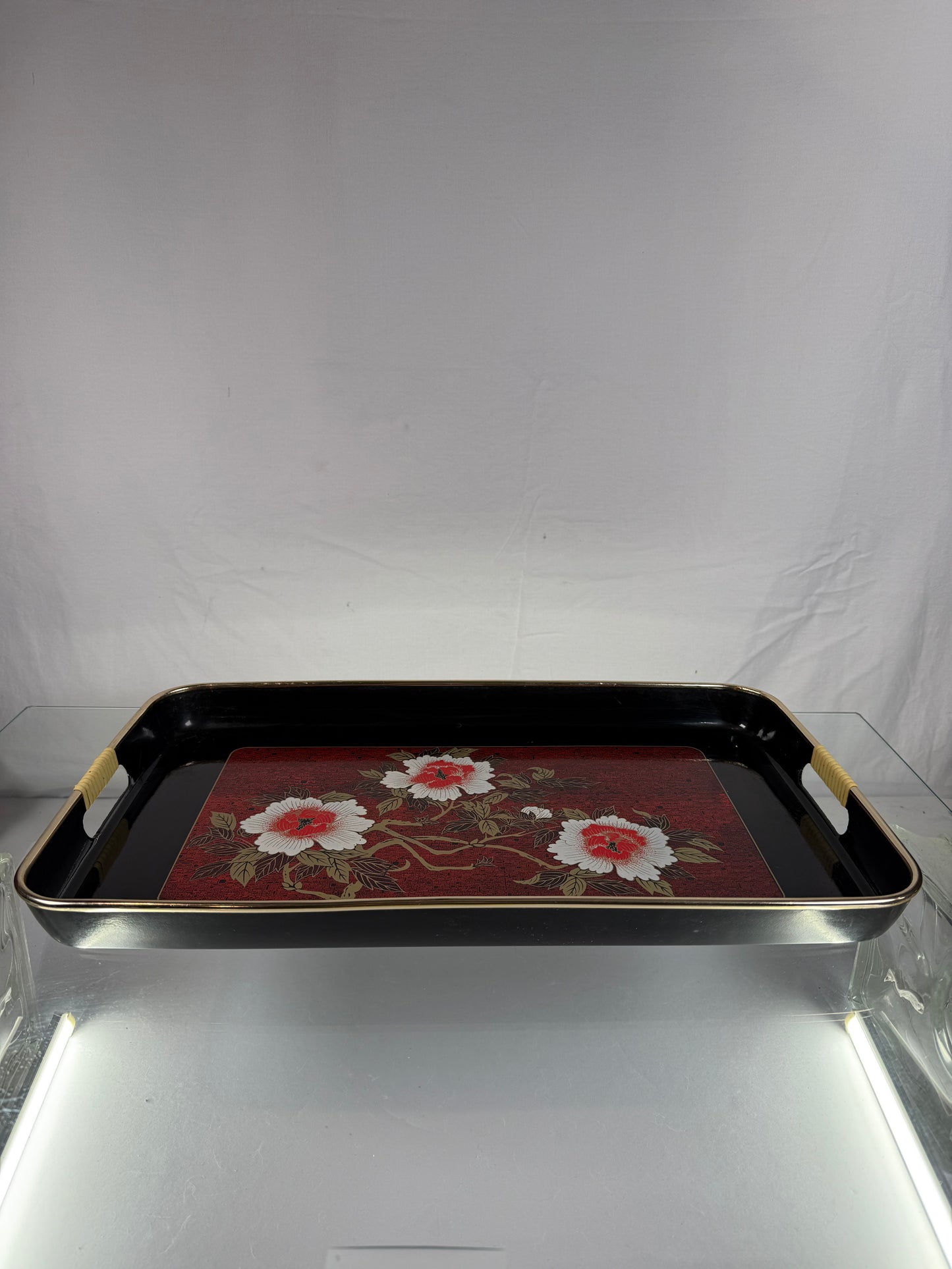 Vintage Serving Tray - Japanese Lacquerware - Red Floral Print with Gold Detail