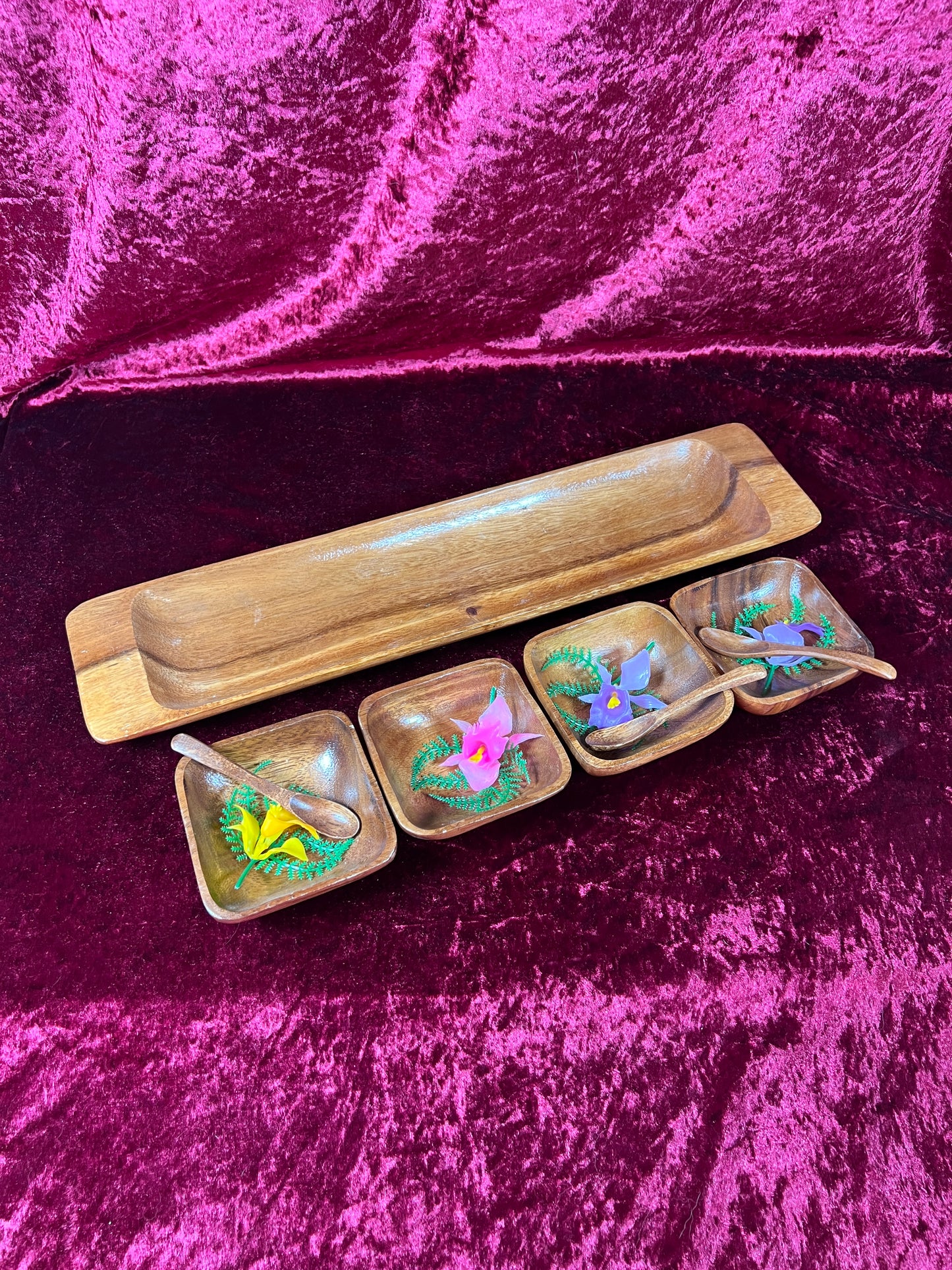 Vintage Kitchen - Tiki Teakwood Snack Tray with Sauce Bowls and Spoons