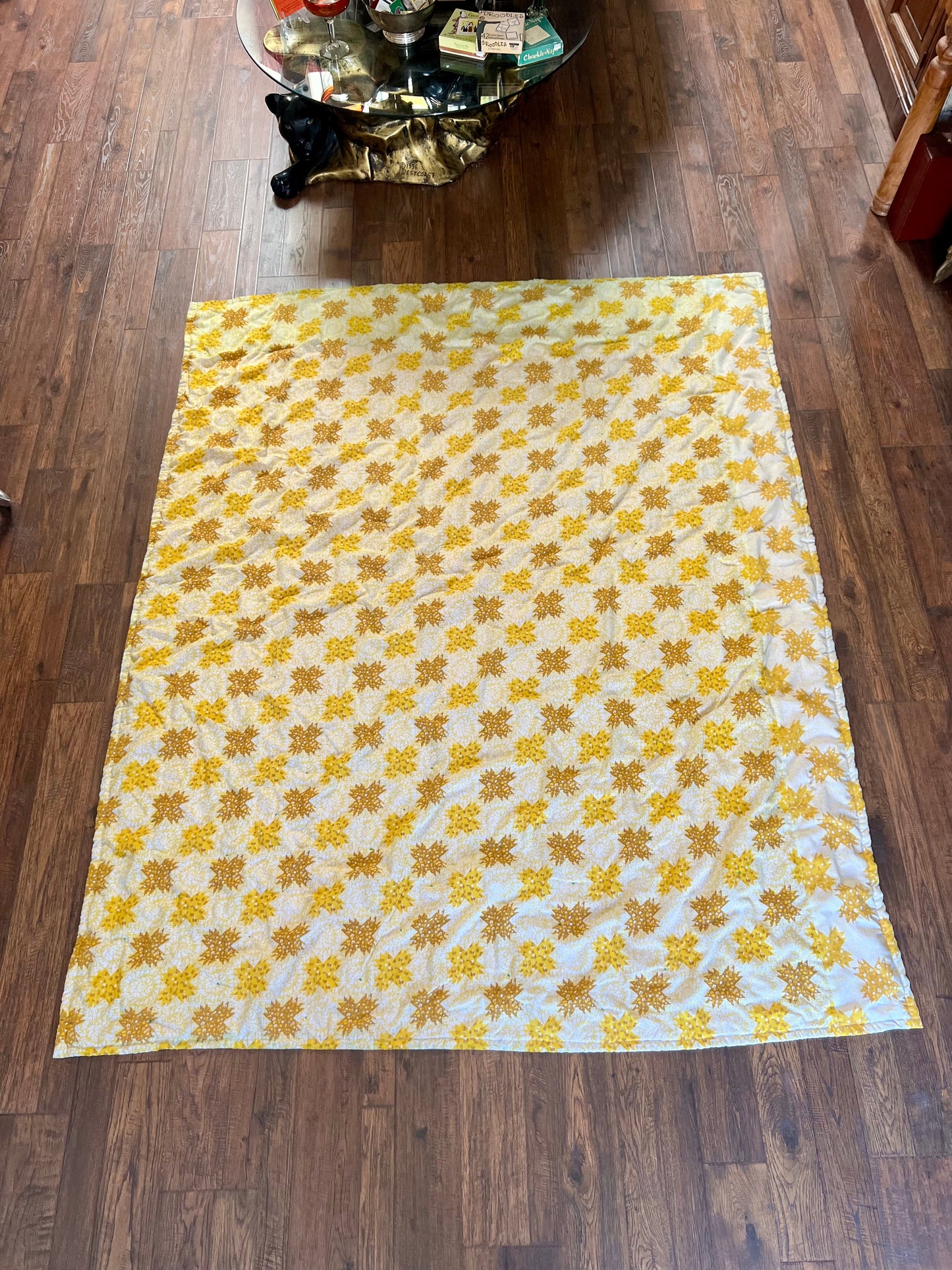 Vintage Linens - Handmade Quilt - Buttercream Yellow - Groovy Floral Patchwork - Double Sided - 81” X 67.5”