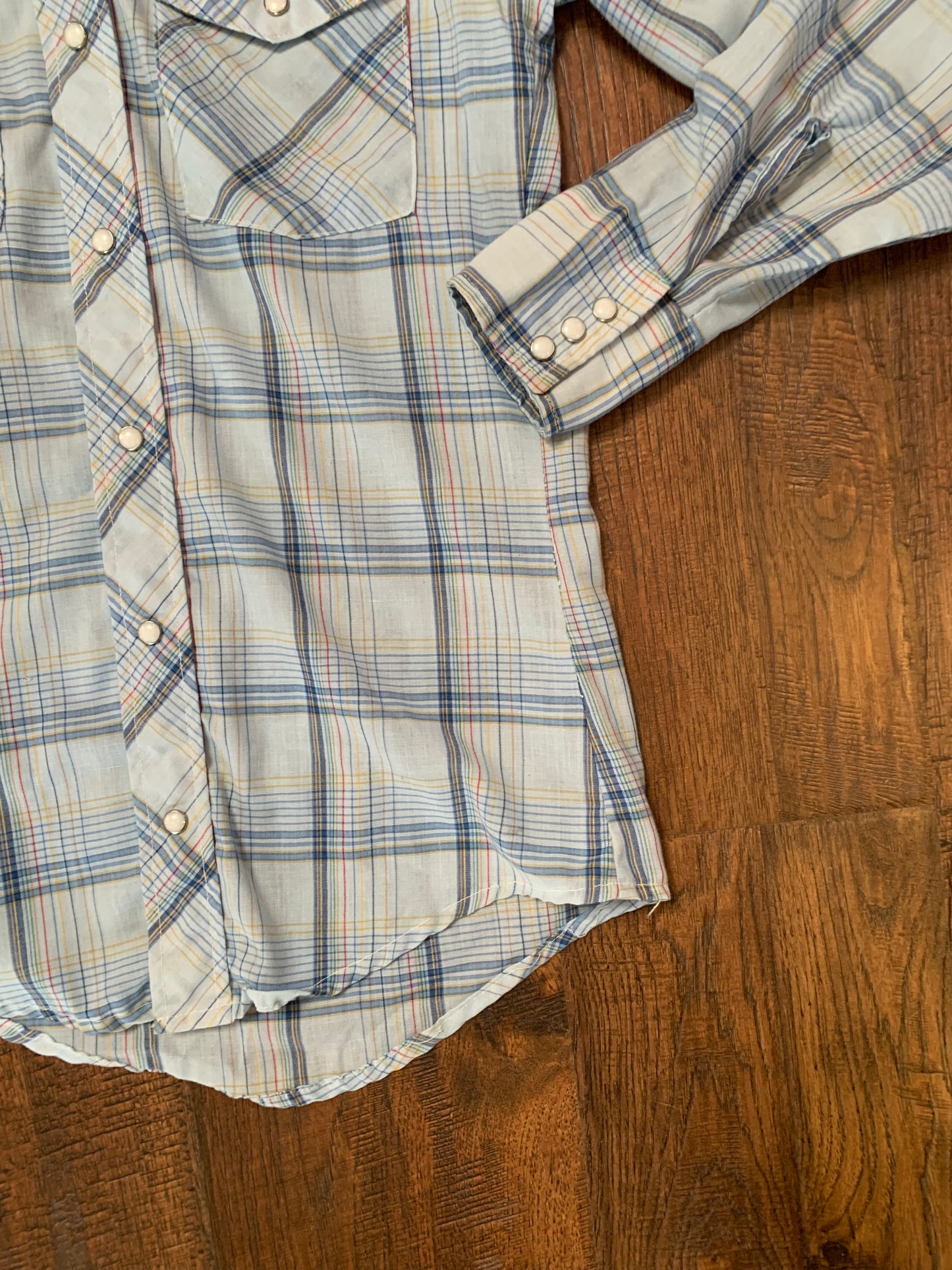 Vintage 1970s Mr. Leggs Pearl Snap Button Up Shirt - Light Blue Plaid - Small - Made In USA