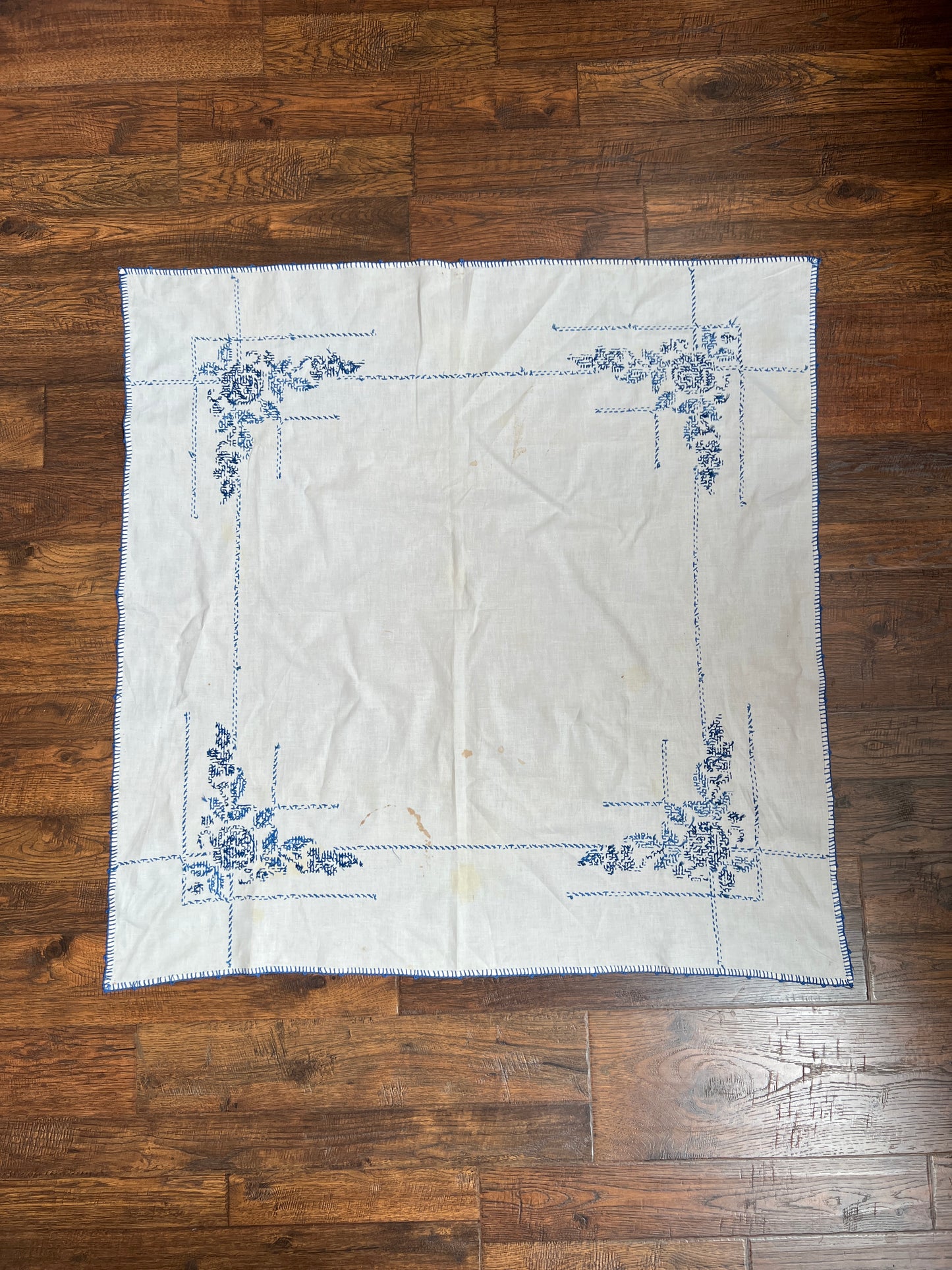 Vintage Linens - Square Tablecloth - Embroidered Blue Roses - 40” X 39.5”