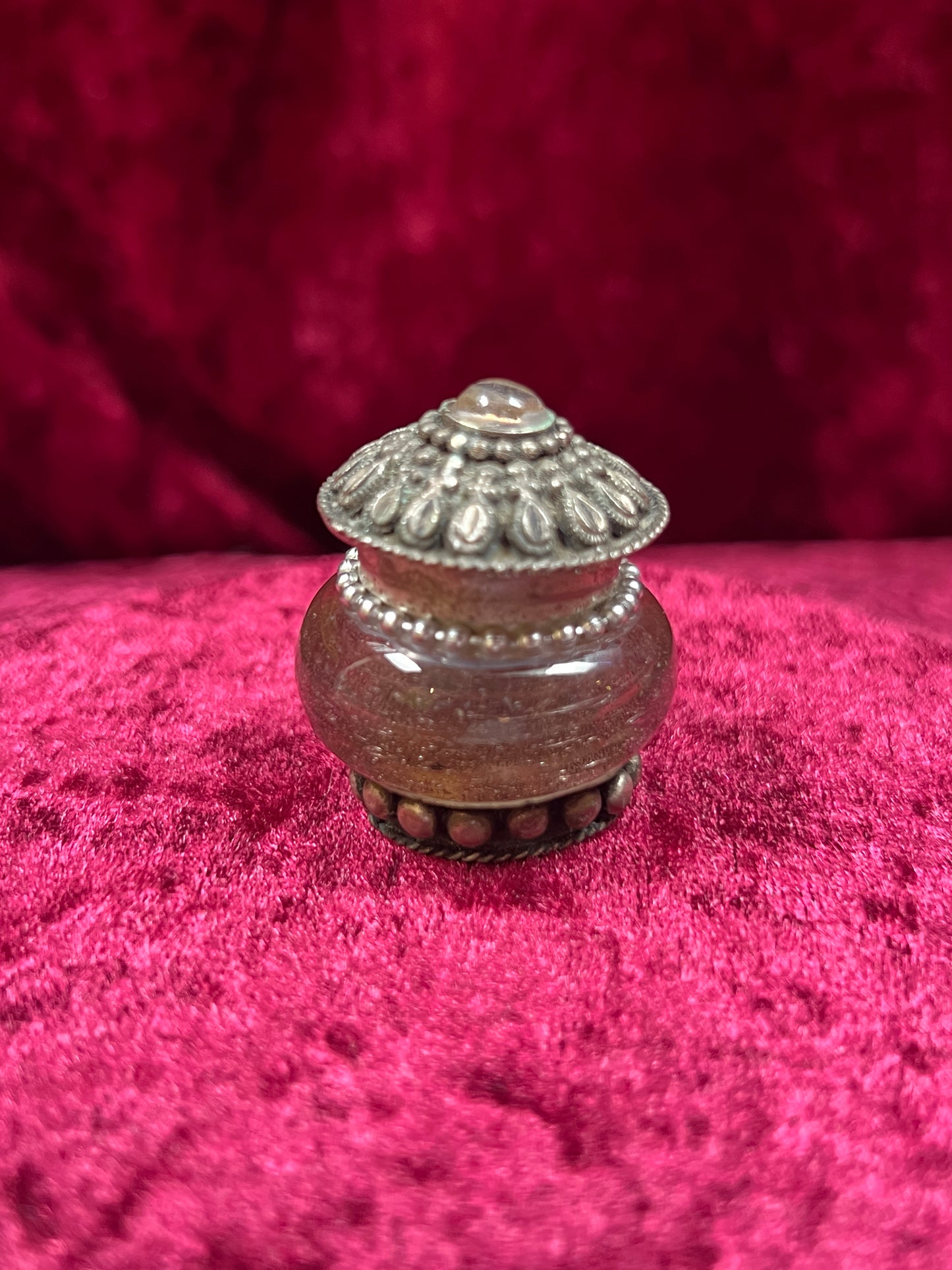 Vintage Trinket Box - Miniature Pill / Snuff Jar - Smokey Purple Glass - Ornate Silver Tone Design