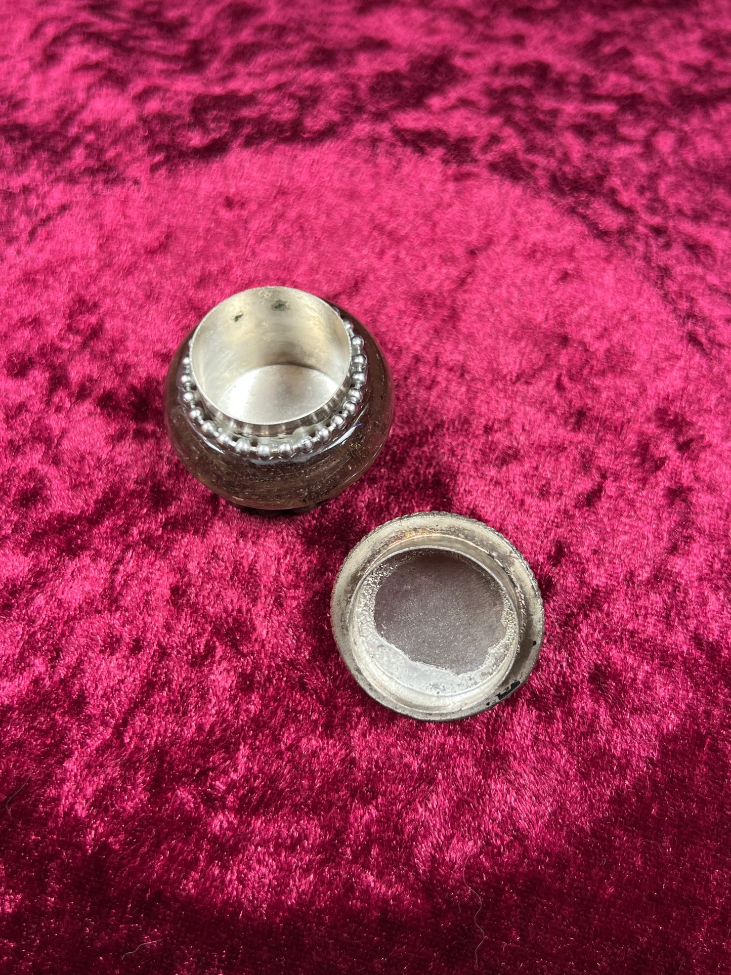 Vintage Trinket Box - Miniature Pill / Snuff Jar - Smokey Purple Glass - Ornate Silver Tone Design