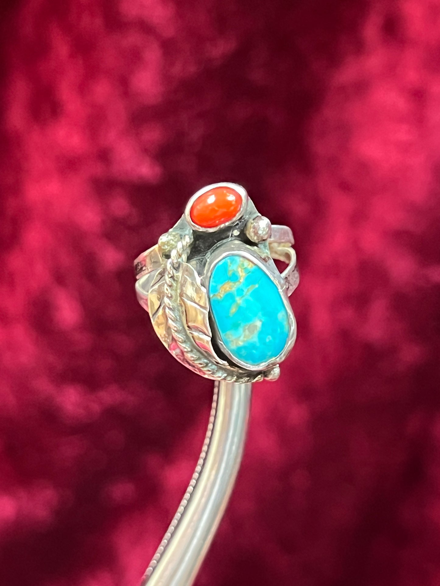 Vintage Jewelry - Ring - Sterling Silver - Turquoise and Coral - 7.25