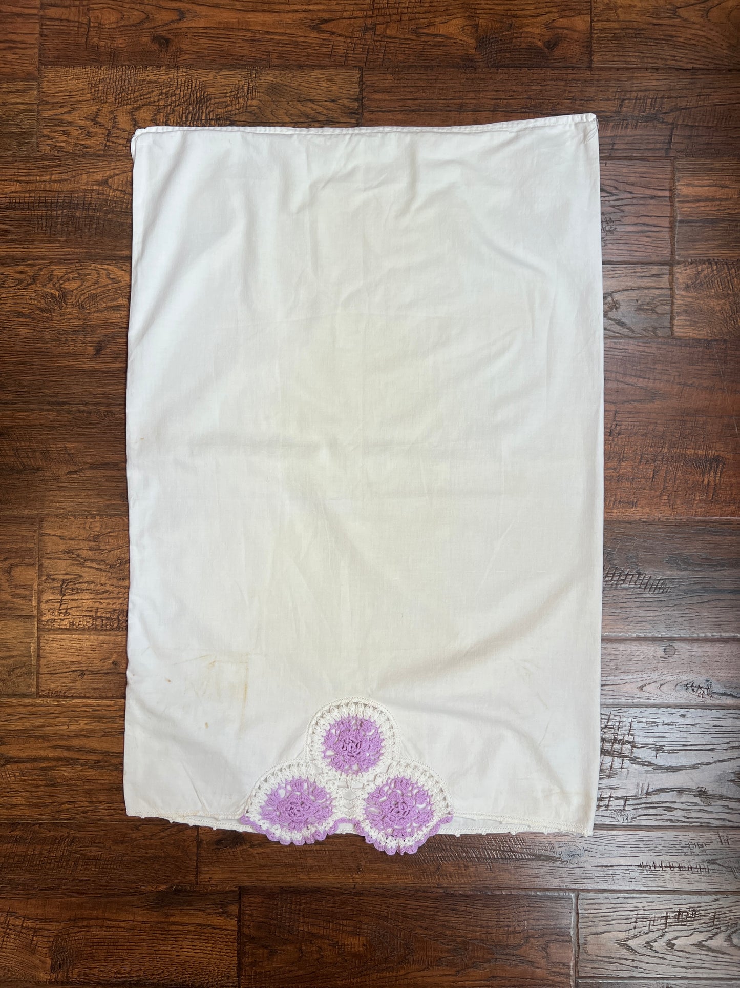 Vintage Linens - Pair of Embroidered Pillowcases - Purple Crochet Doilies