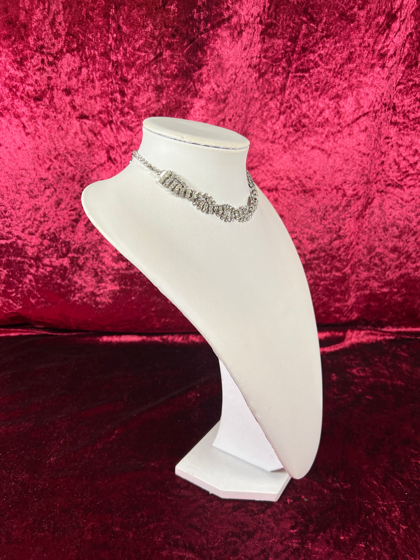 Vintage Jewelry - Collar / Choker Necklace - Silver Tone Metal - Braided Clear Rhinestones - 17.5”