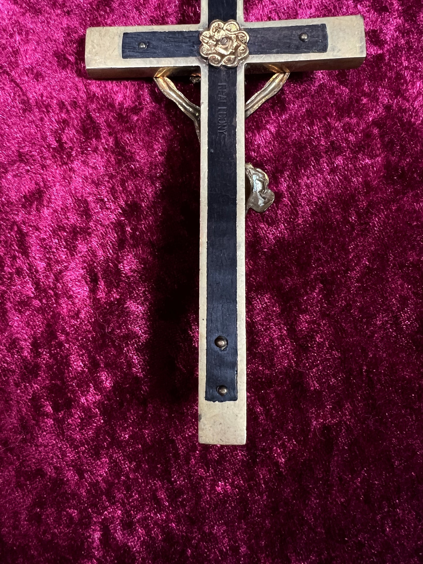 Vintage Brass Crucifix Cross - Ebony Inlay Skull and Crossbones Wall Hanging