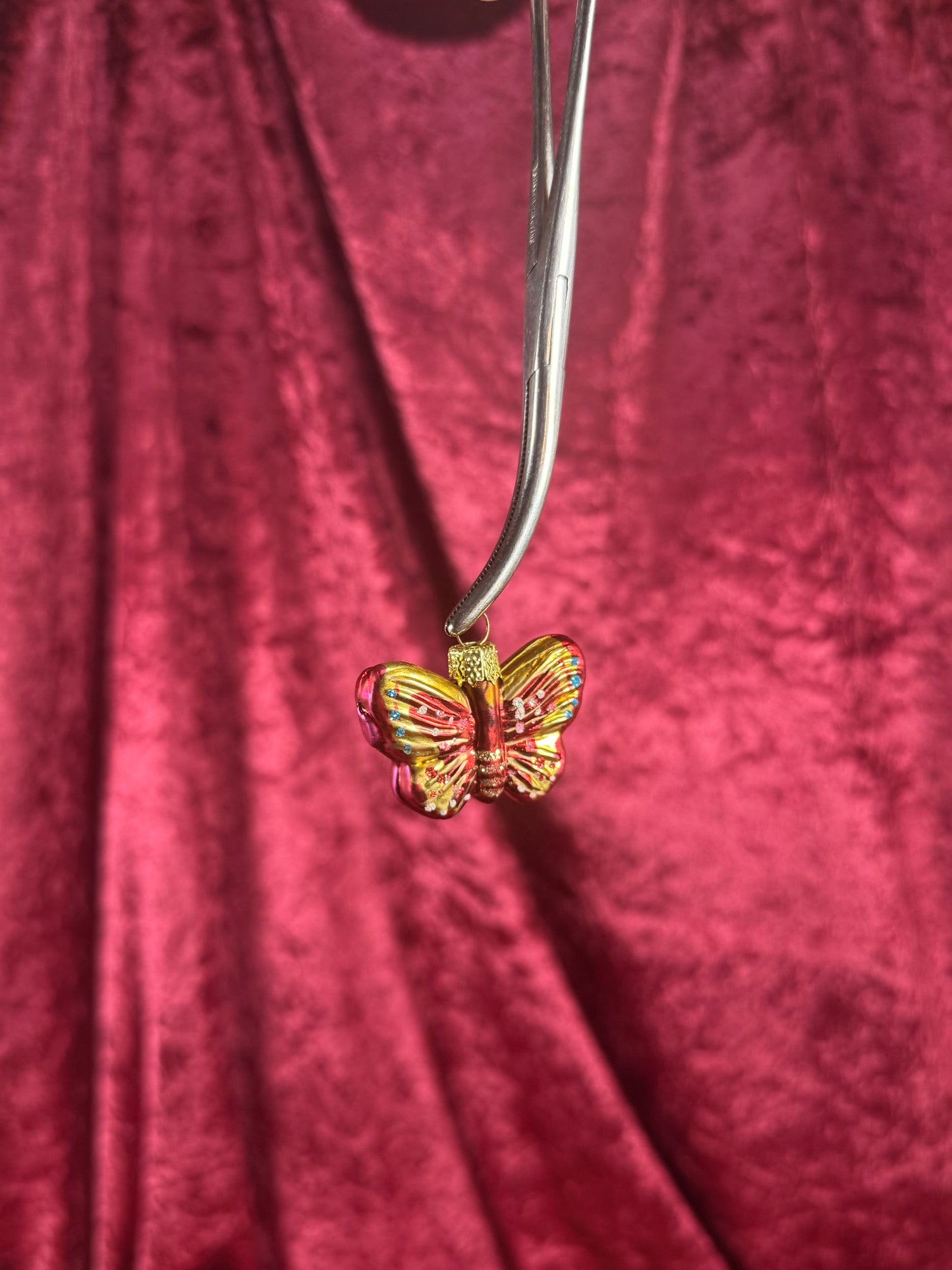 Vintage Christmas - Handblown Glass Ornament - Hot Pink Butterfly - 1.75"