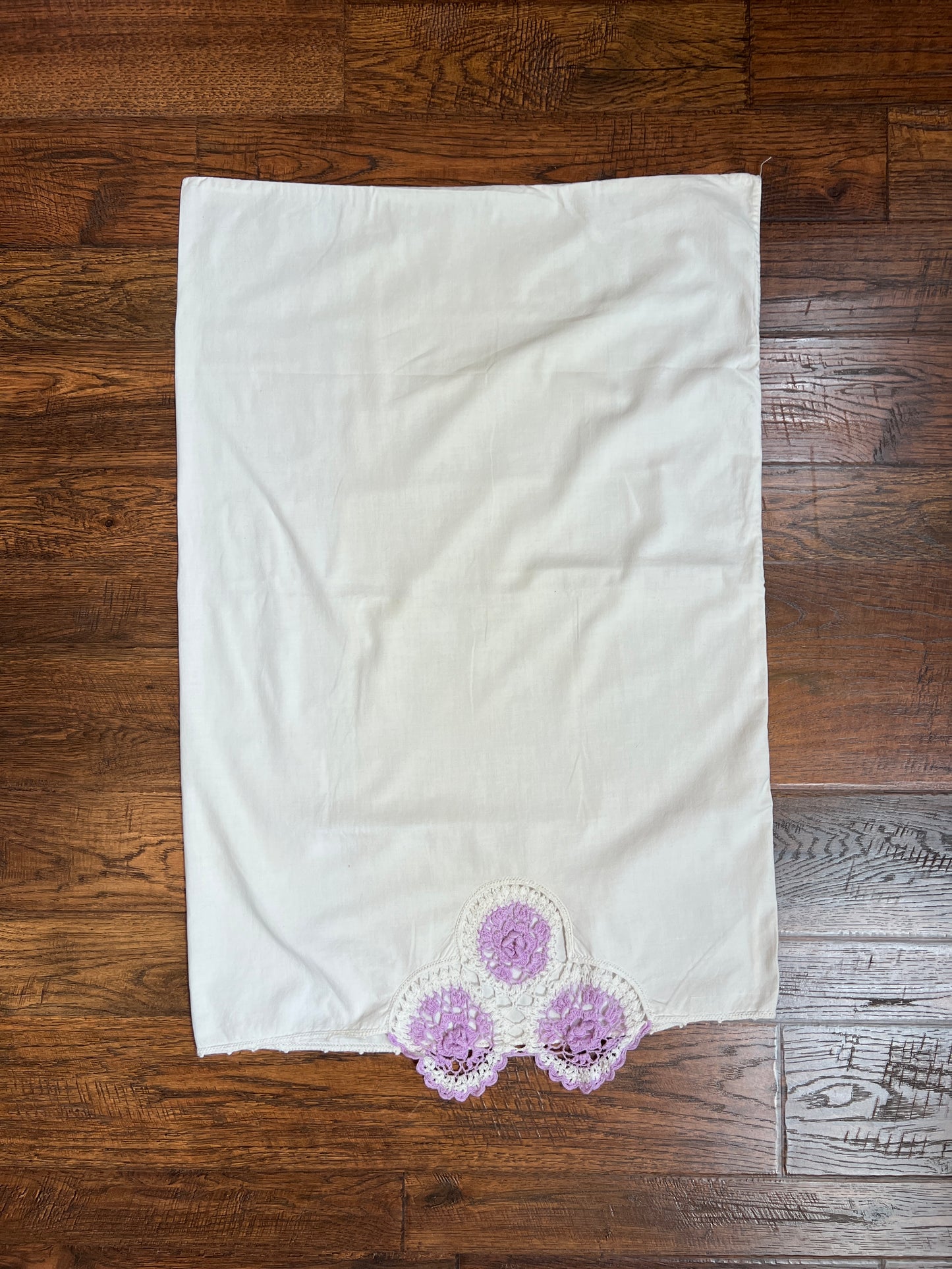 Vintage Linens - Pair of Embroidered Pillowcases - Purple Crochet Doilies