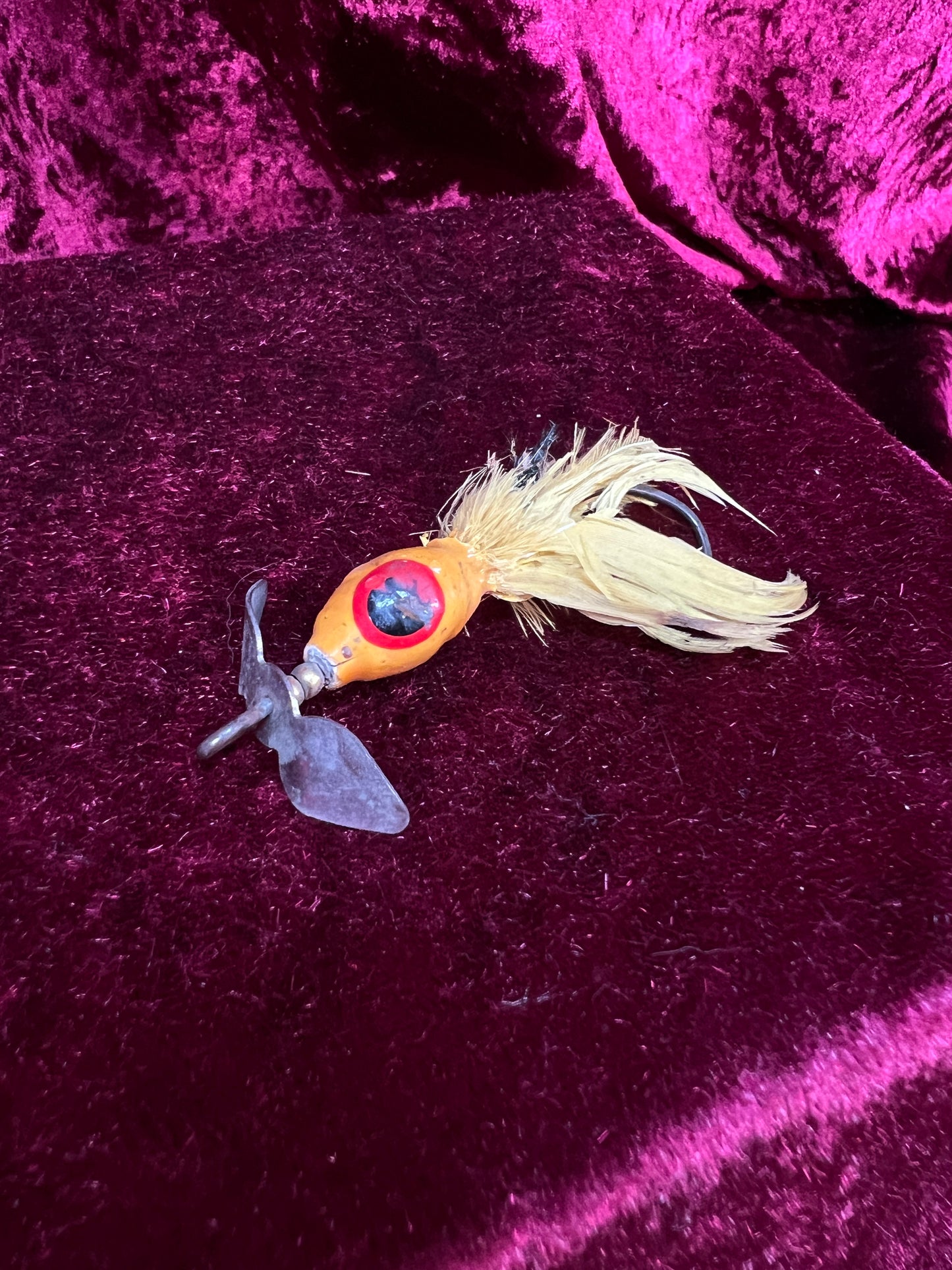 Vintage Fishing Lure Collection - Yellow Bass Popper, Heddon Black Fidgit, Miniature Marlin