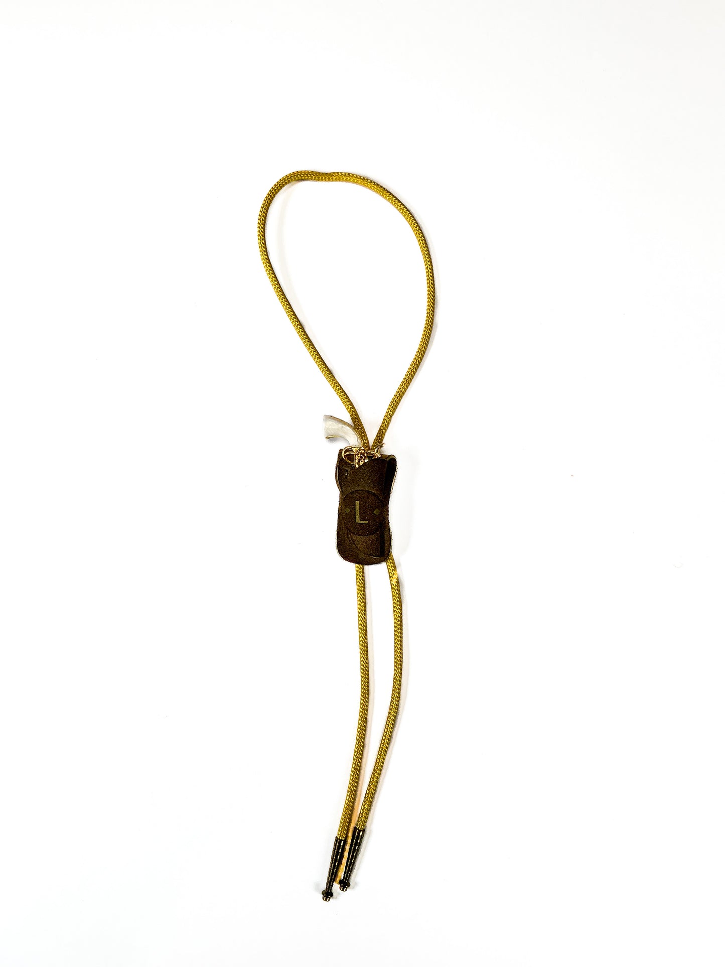 Vintage Accessories - Bolo Tie - Miniature Gold Pistol in Holster - Yellow Braided Cord - Brass Tips