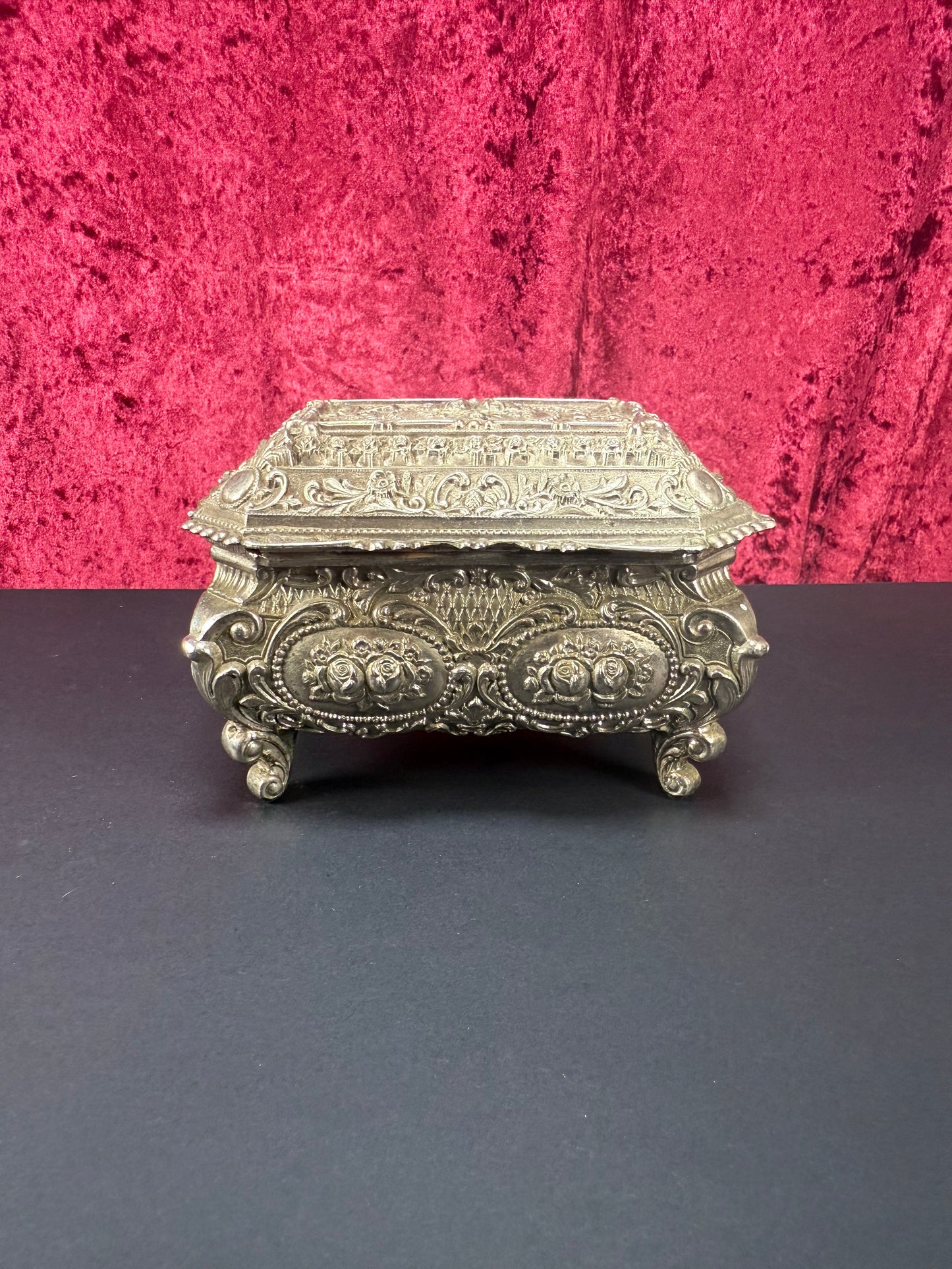 Vintage Vanity - Jewelry Box - Ornate Silver Floral Filigree - Red Velvet Lining - Footed