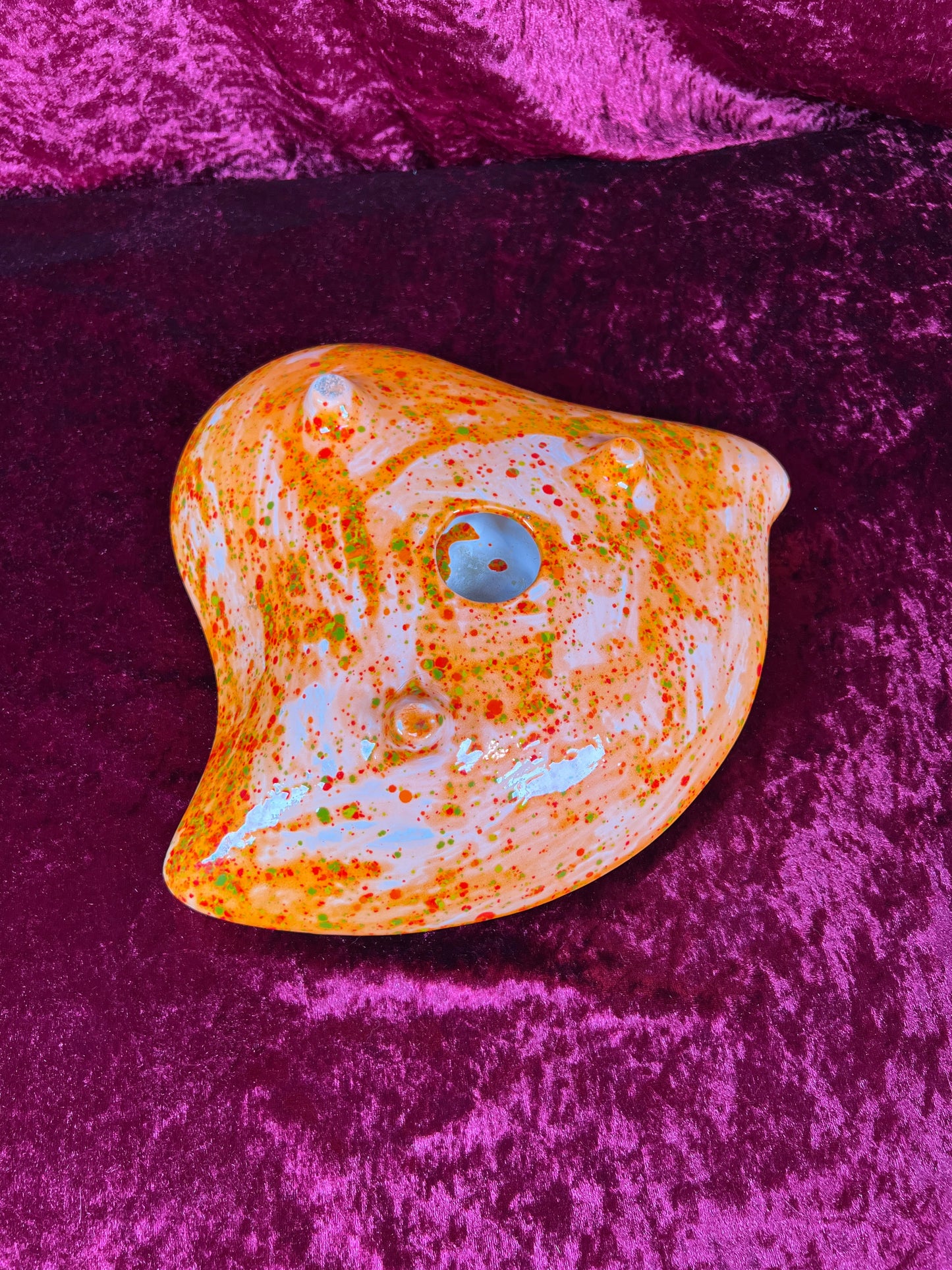 Vintage Ashtray - Sculptural Ceramic Drip Glaze - Bright Orange with Green Flecks - Large