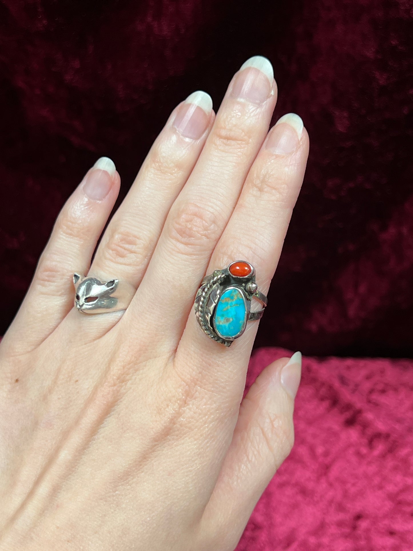 Vintage Jewelry - Ring - Sterling Silver - Turquoise and Coral - 7.25