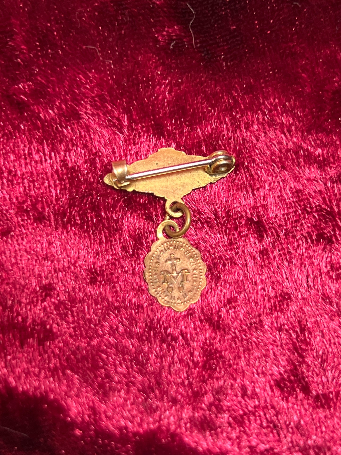 Vintage Jewelry - Baby Christening Brooch - Brass Cross - Miraculous Medal Pendant