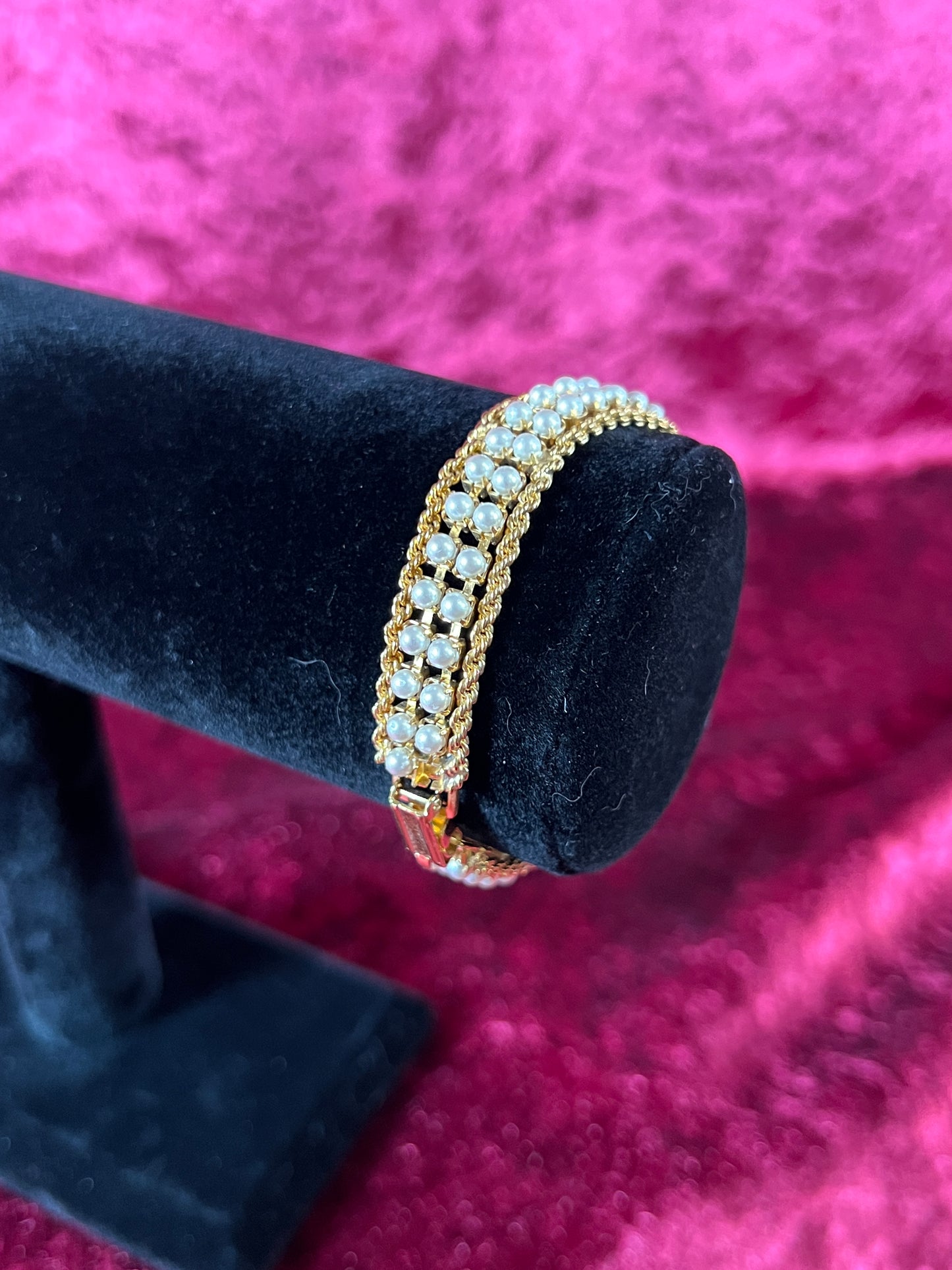 Vintage Jewelry - Multi-Strand Bracelet - Gold Tone - Dainty Faux Pearls - 7"