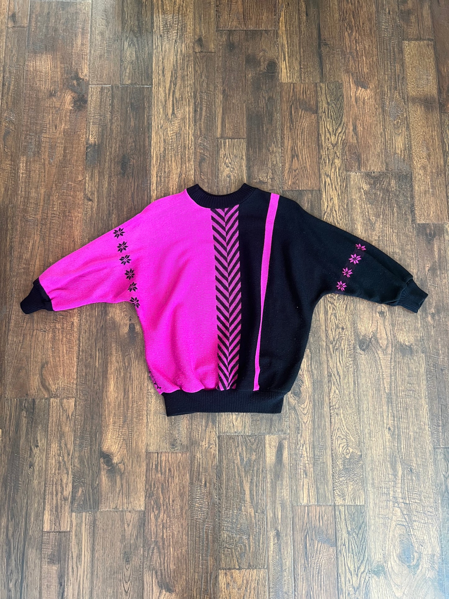 Vintage Clothing - 1980s Sweater - Hot Pink and Black - R Knit - Medium - Made In England