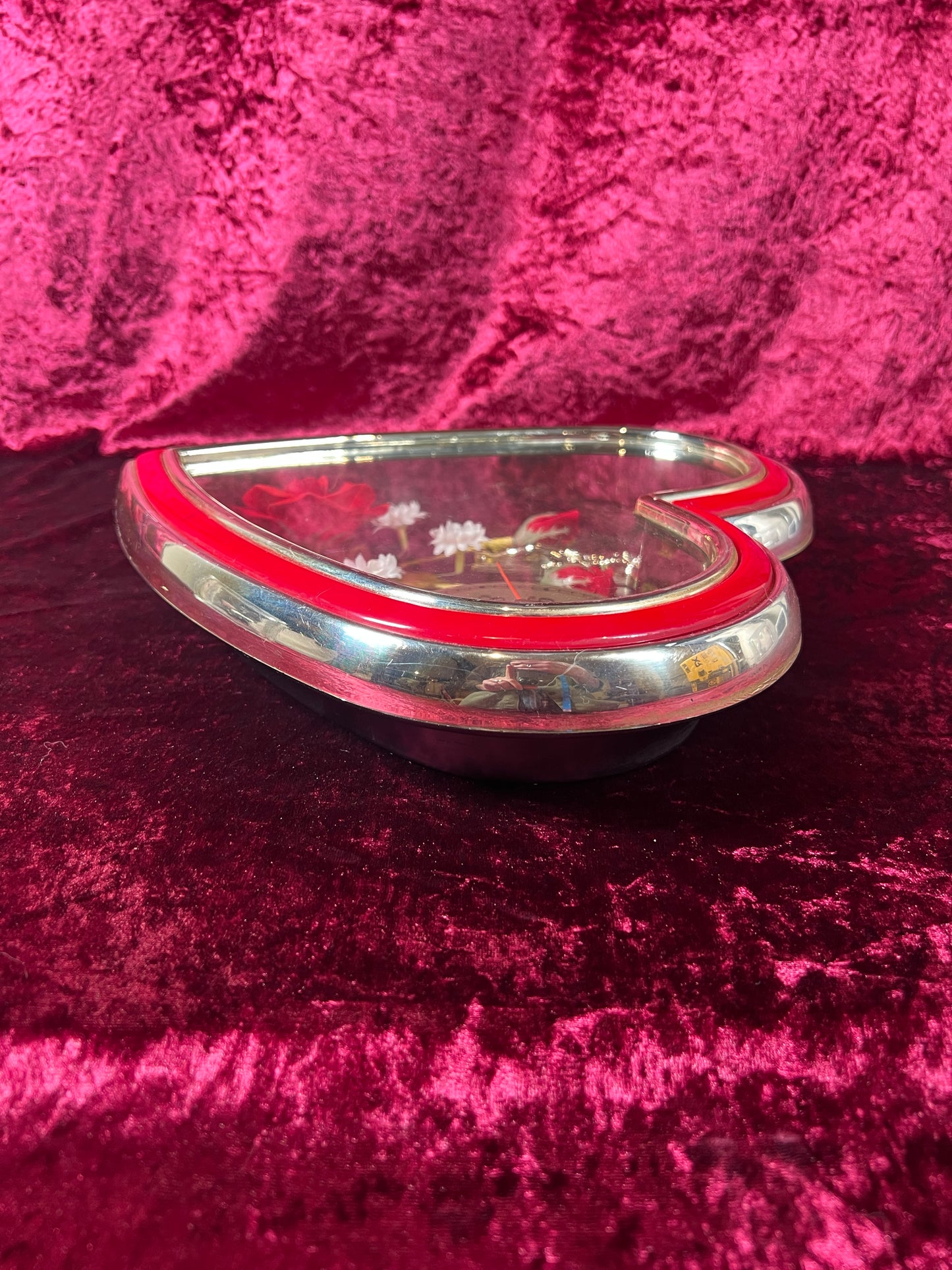 Vintage Wall Clock - Red Heart Shaped Shadow Box - Crucifix and Roses