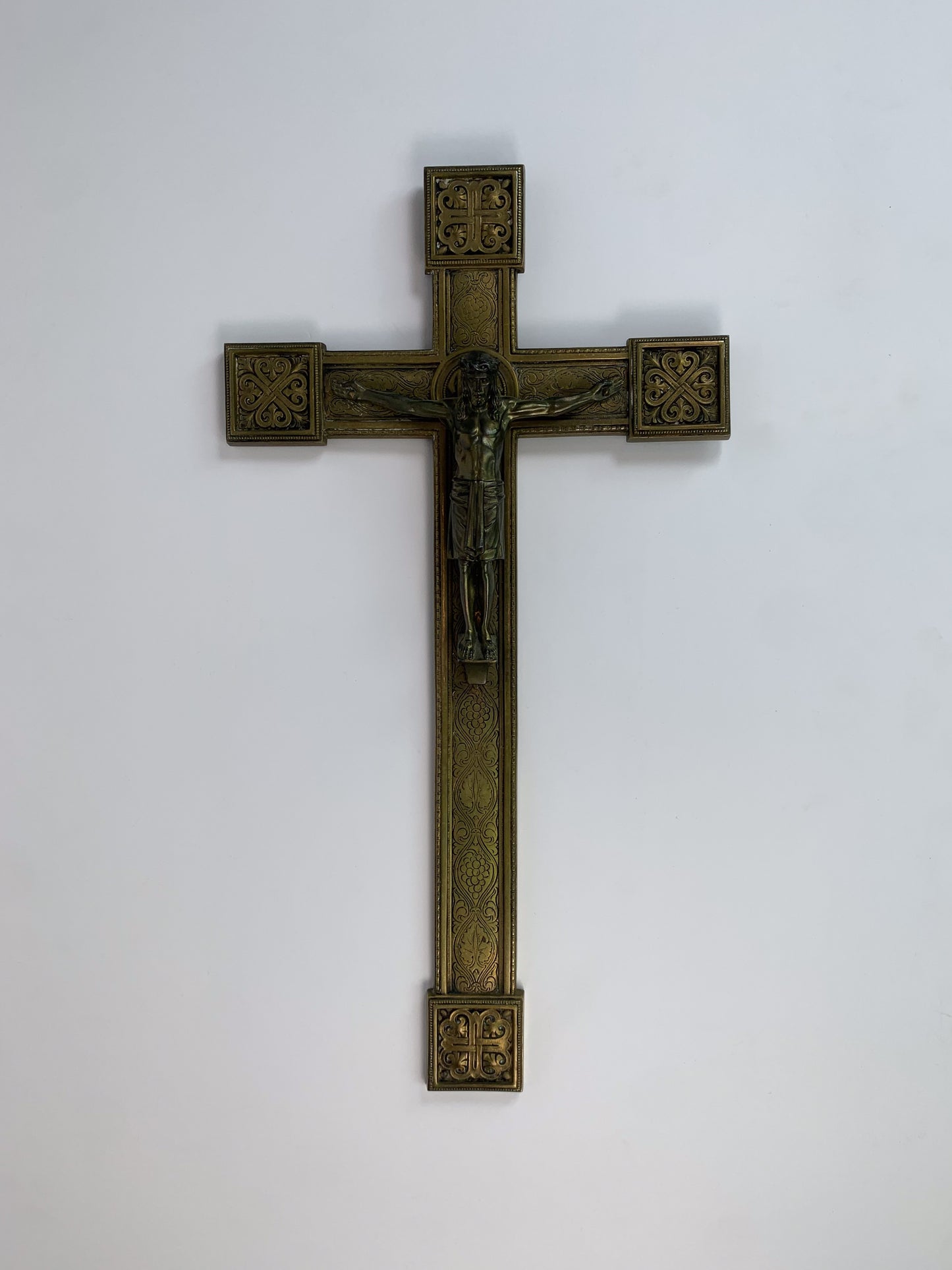 Antique Solid Brass Pectoral Crucifix - Ornate Relief Jesus Statue