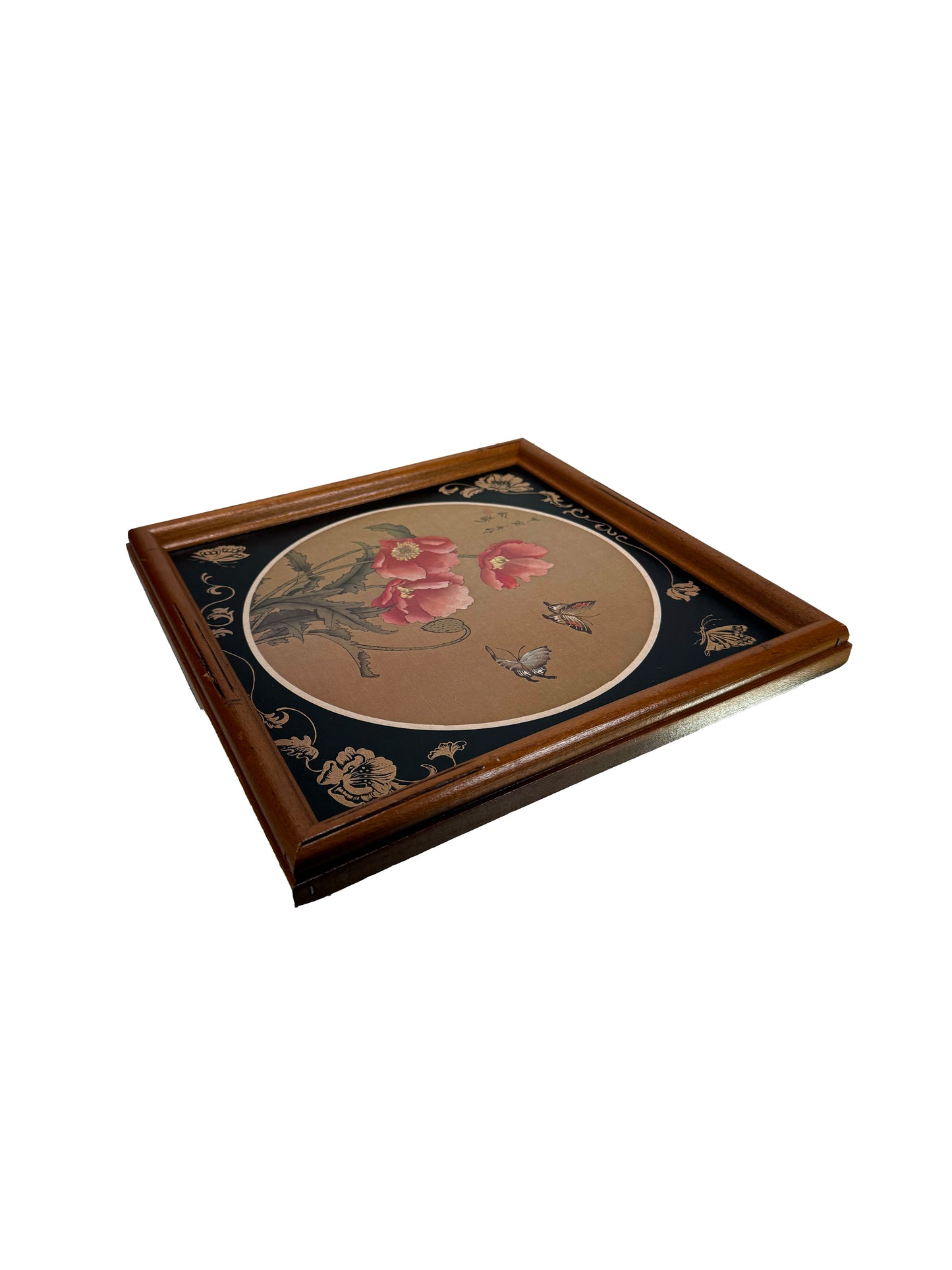 Vintage Wall Decor - Asian Art Print Poppies and Butterflies - Faux Bamboo Wood Frame