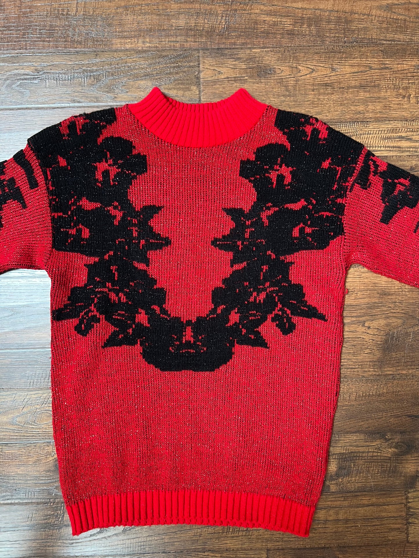 Vintage Clothing - Pullover Crewneck Knit Sweater - Black Flowers on Red Glitter - Medium
