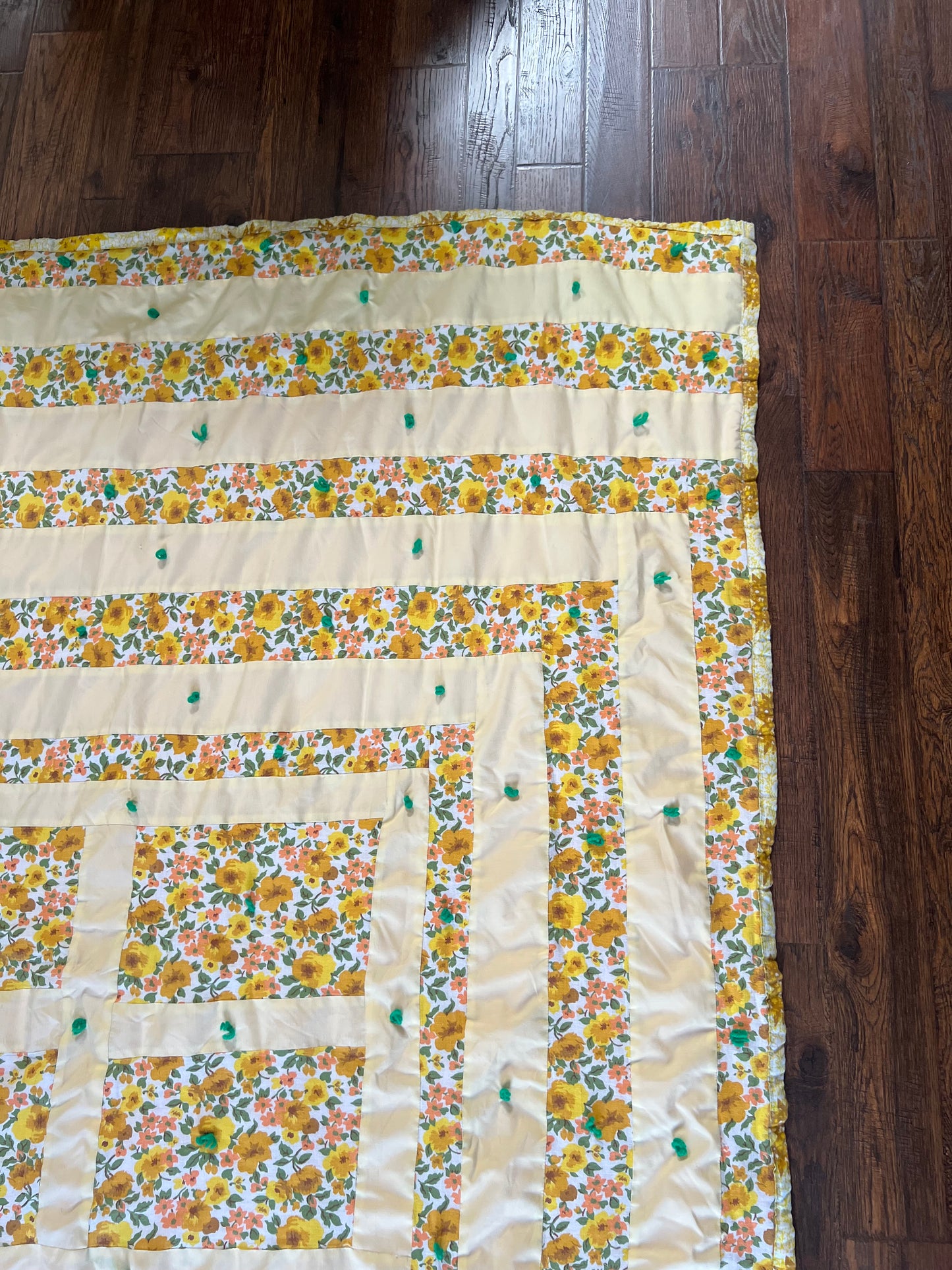 Vintage Linens - Handmade Quilt - Buttercream Yellow - Groovy Floral Patchwork - Double Sided - 81” X 67.5”
