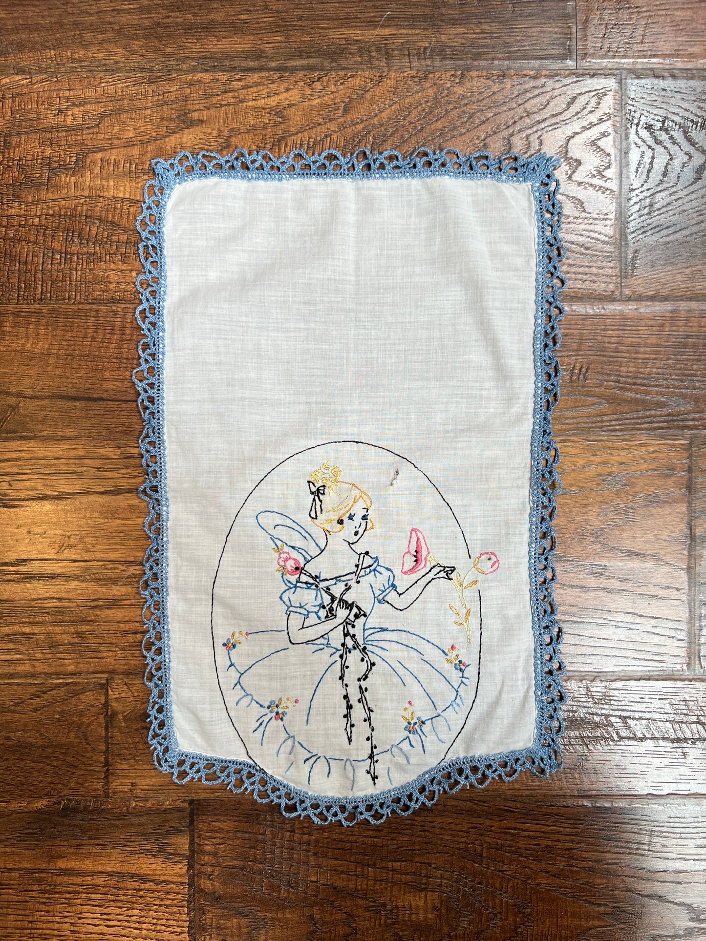 Vintage Linens - Embroidered Handkerchief - Rococo Lady Picking Flowers