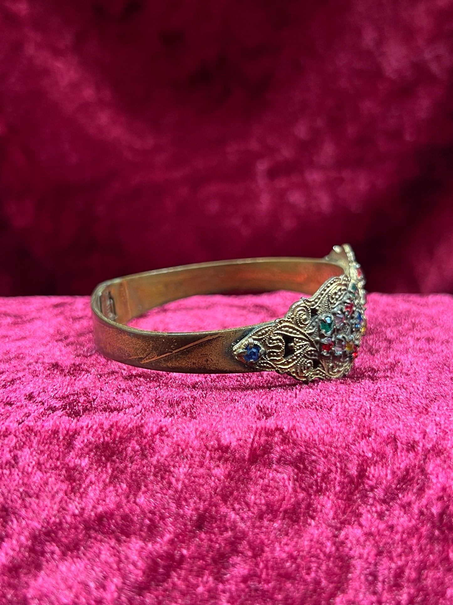 Vintage Jewelry - Hinged Bangle Bracelet - Multicolor Rhinestones in Ornate Brass Setting