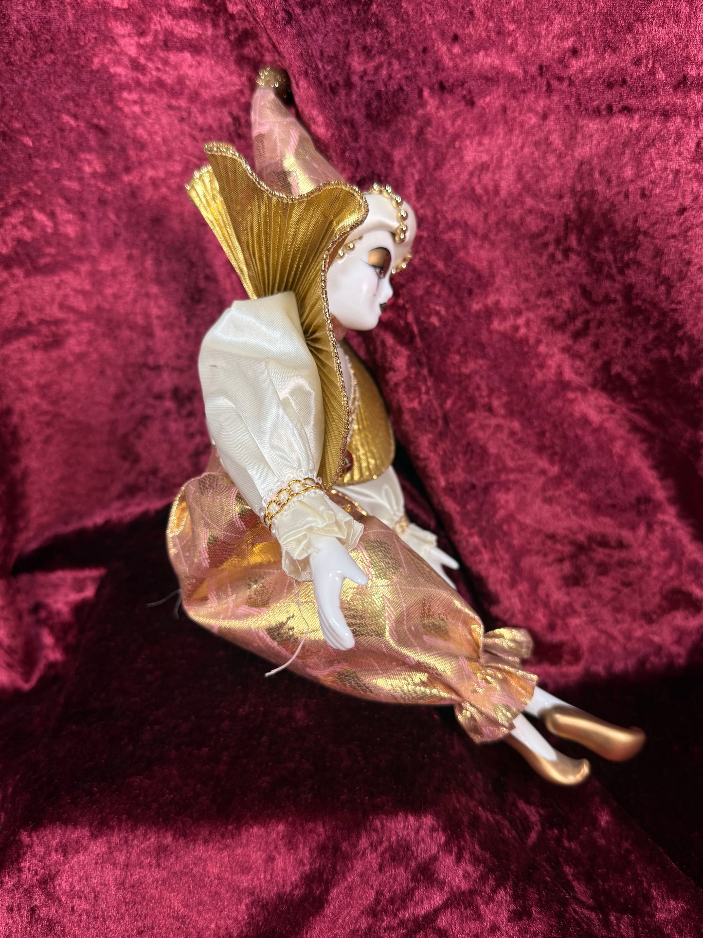 Vintage Porcelain Harlequin Doll – Gold Ruffled Collar Pierrot Figure