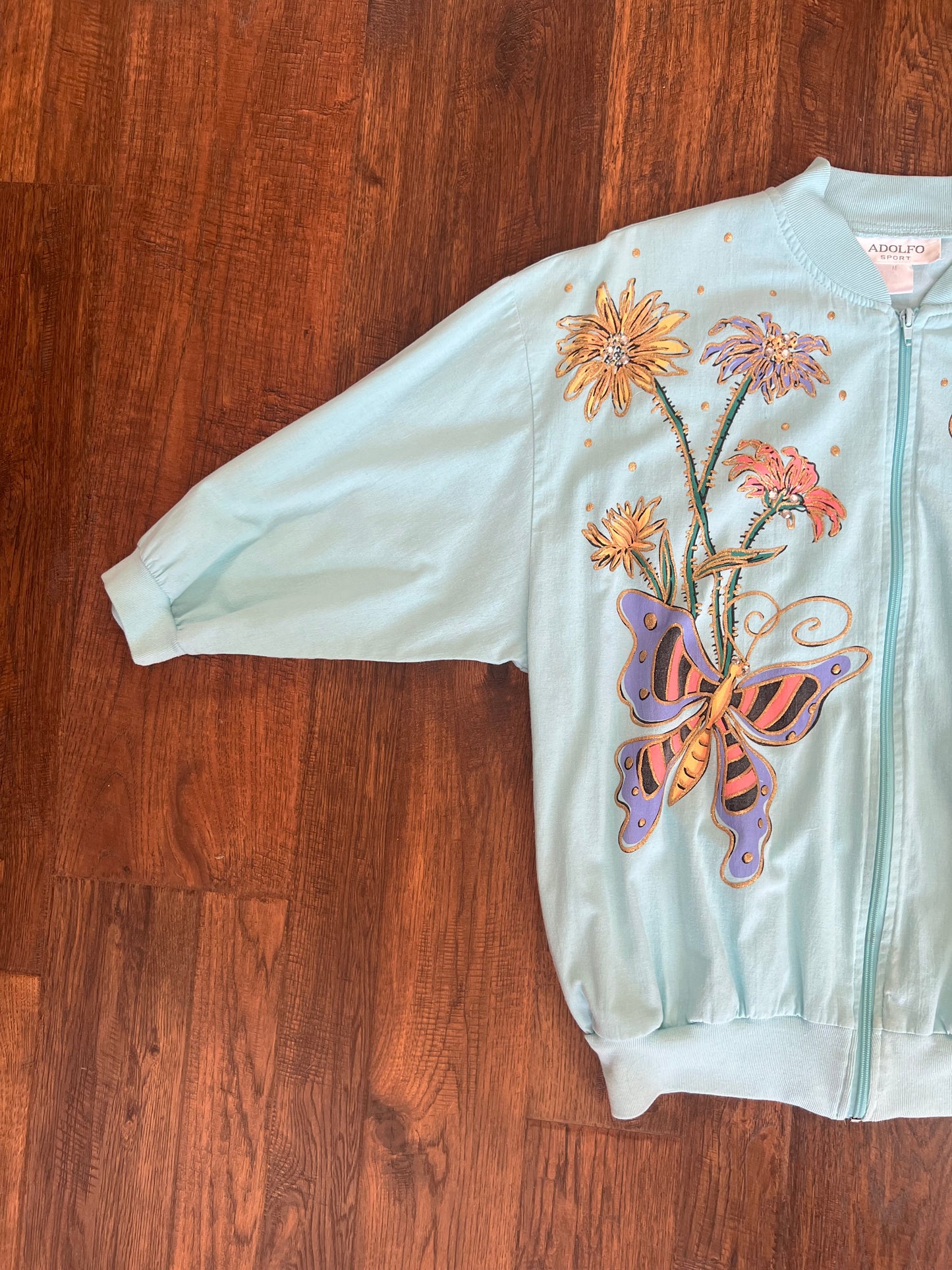 Vintage Clothing - Zip Up Sweatshirt - Wiggy Butterflies & Flowers - Light Blue - Adolfo Sport - Medium