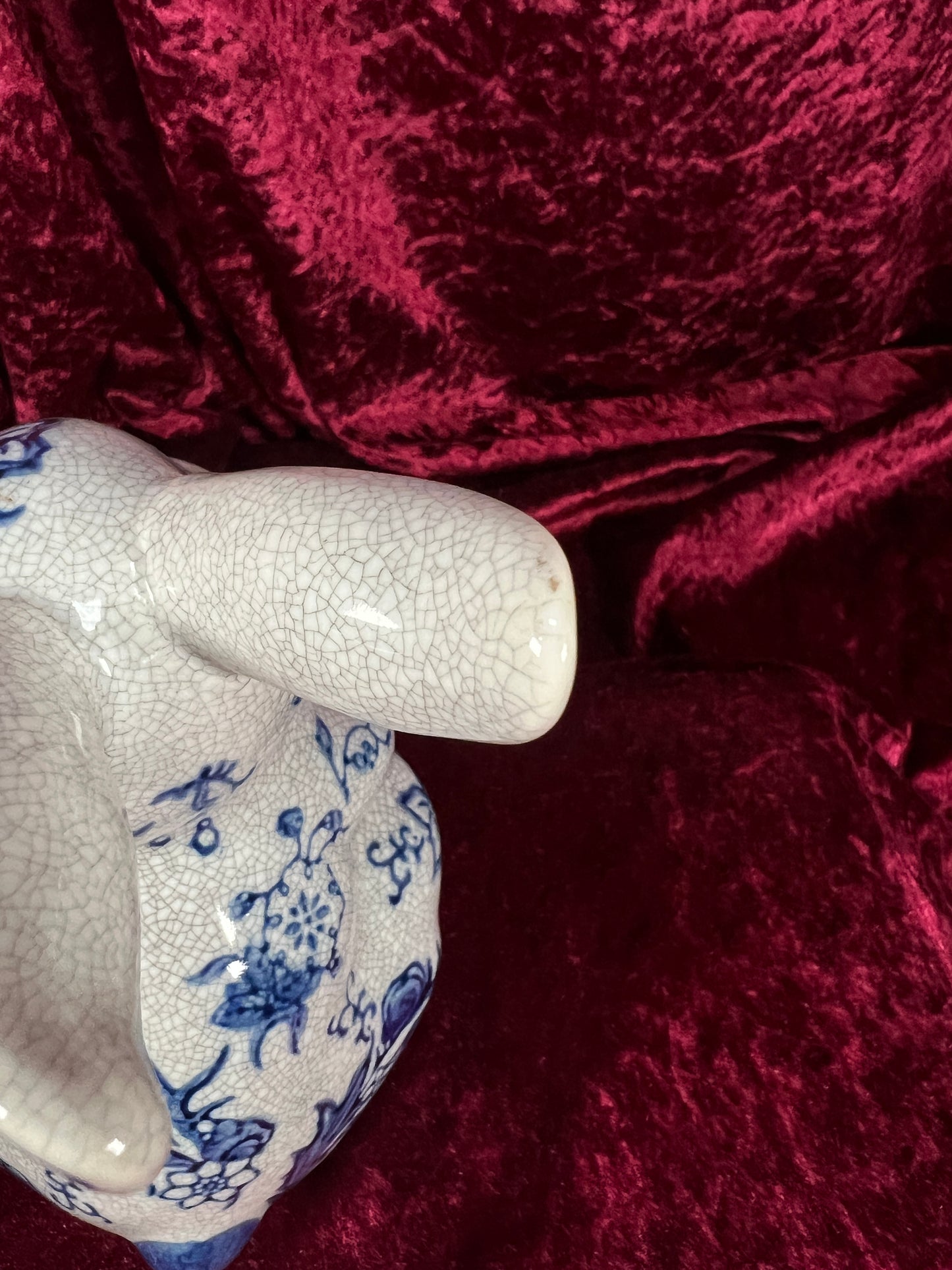 Vintage Ceramic Rabbit Figurine - Blue and White Floral Crackle Finish - Baum Bros