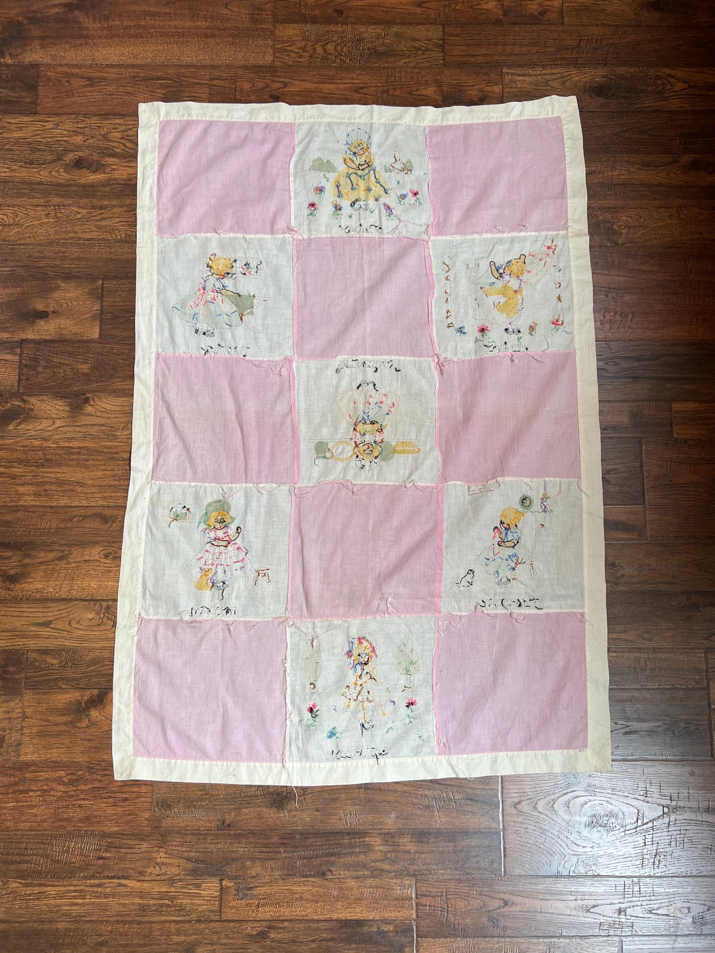 Vintage Linens - Patchwork Wall Hang / Quilt Topper - Days Of The Week in Pink