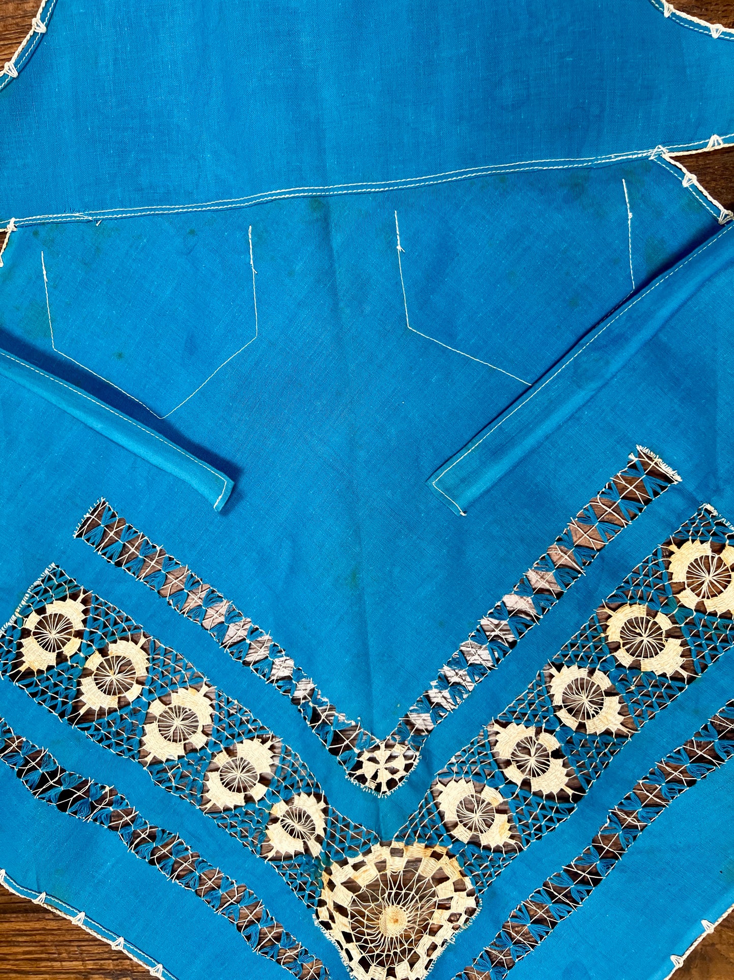 Vintage Cotton Tie Waist Pinafore Apron β Robins Egg Blue Cutwork Lace Embroidery