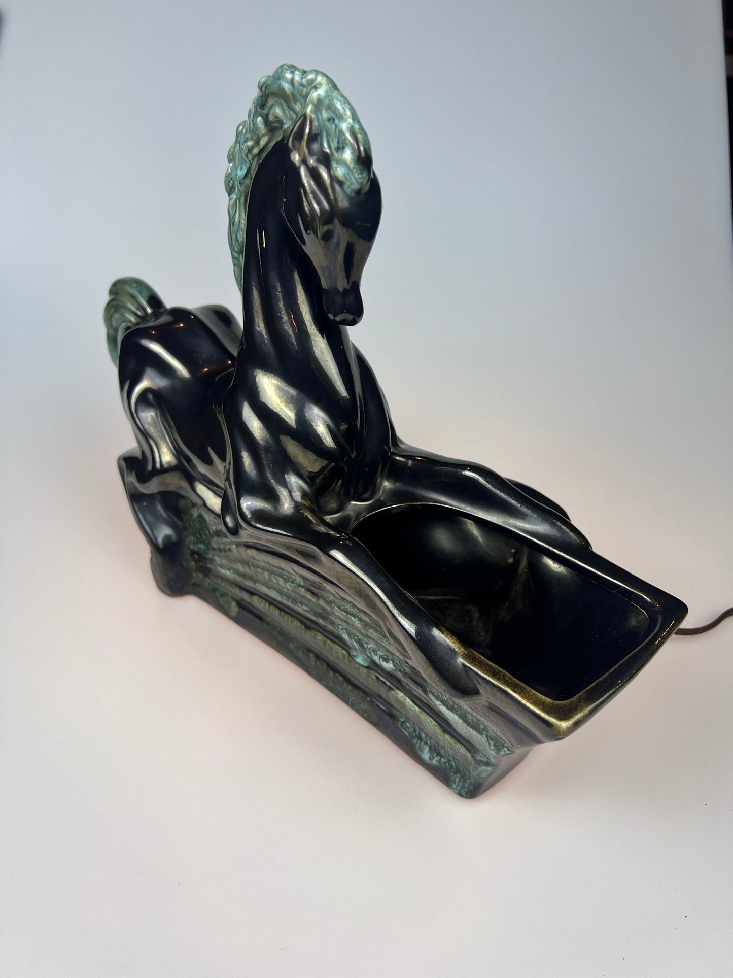Vintage 1950s Underwriter Laboratories Ceramic TV Lamp Planter | Black & Teal | Mustang Horse