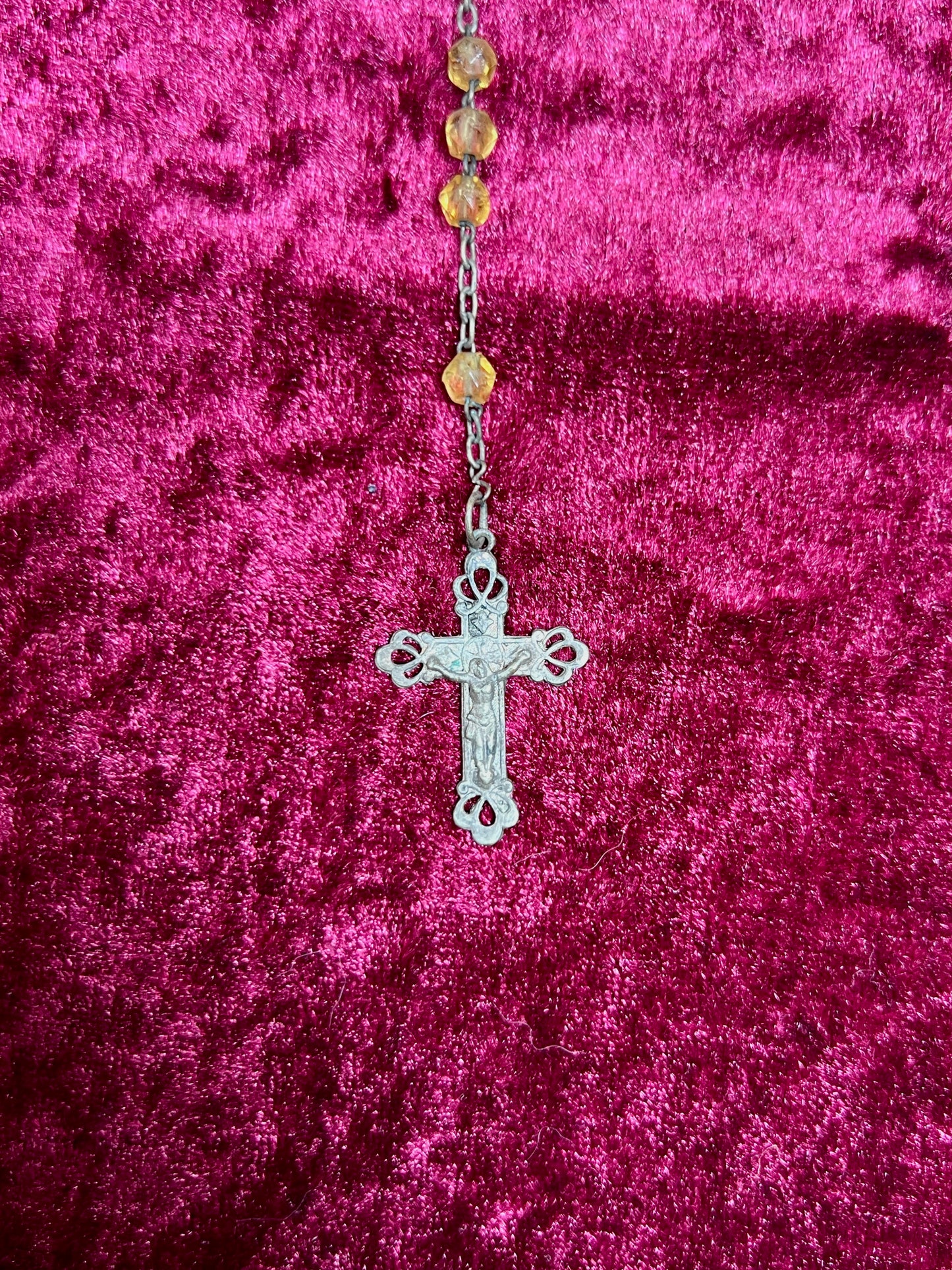 Vintage Jewelry - Rosary Beads - Faceted Amber Beads - Silver Tone Cross - 13.75"