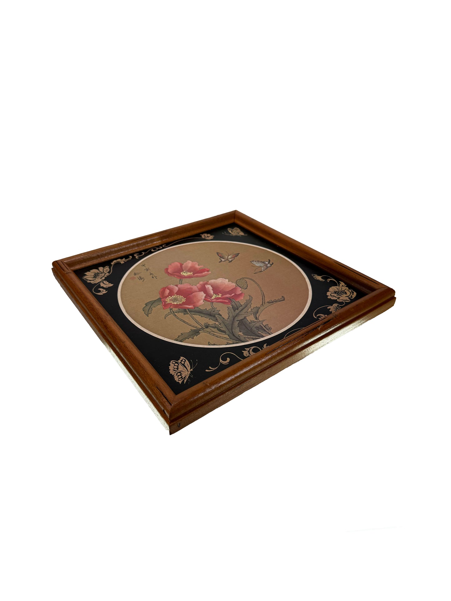 Vintage Wall Decor - Asian Art Print Poppies and Butterflies - Faux Bamboo Wood Frame