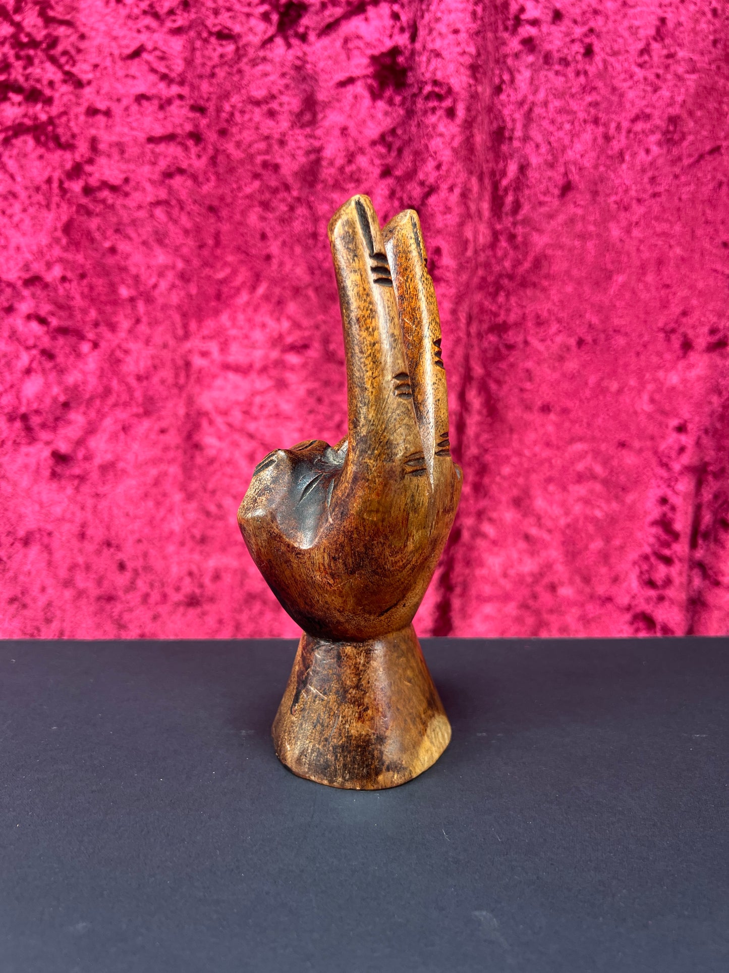 Vintage Oddities - Hand Carved Wood Statue - Hippy Hand Peace Sign